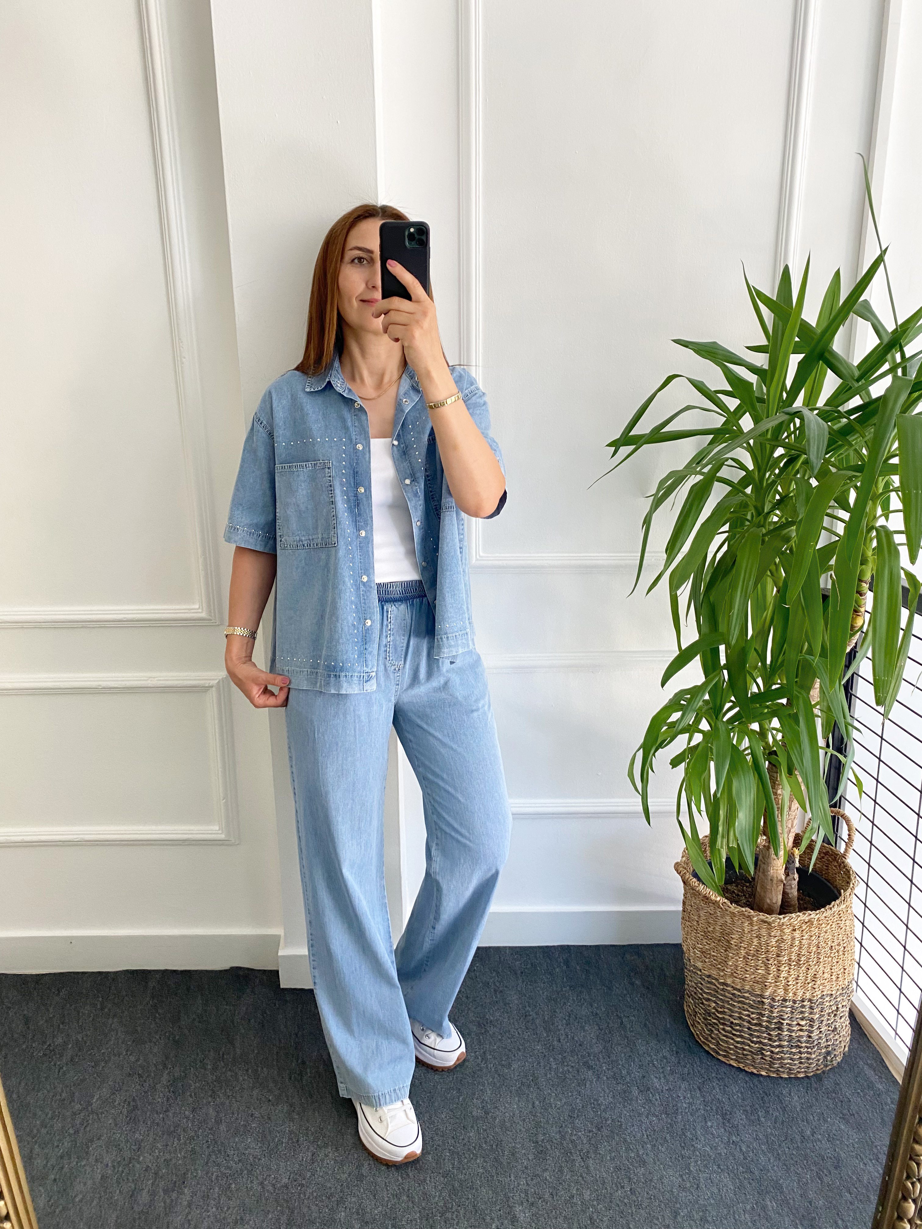 Taş Detaylı Denim Gömlek Takım Buz Mavi
