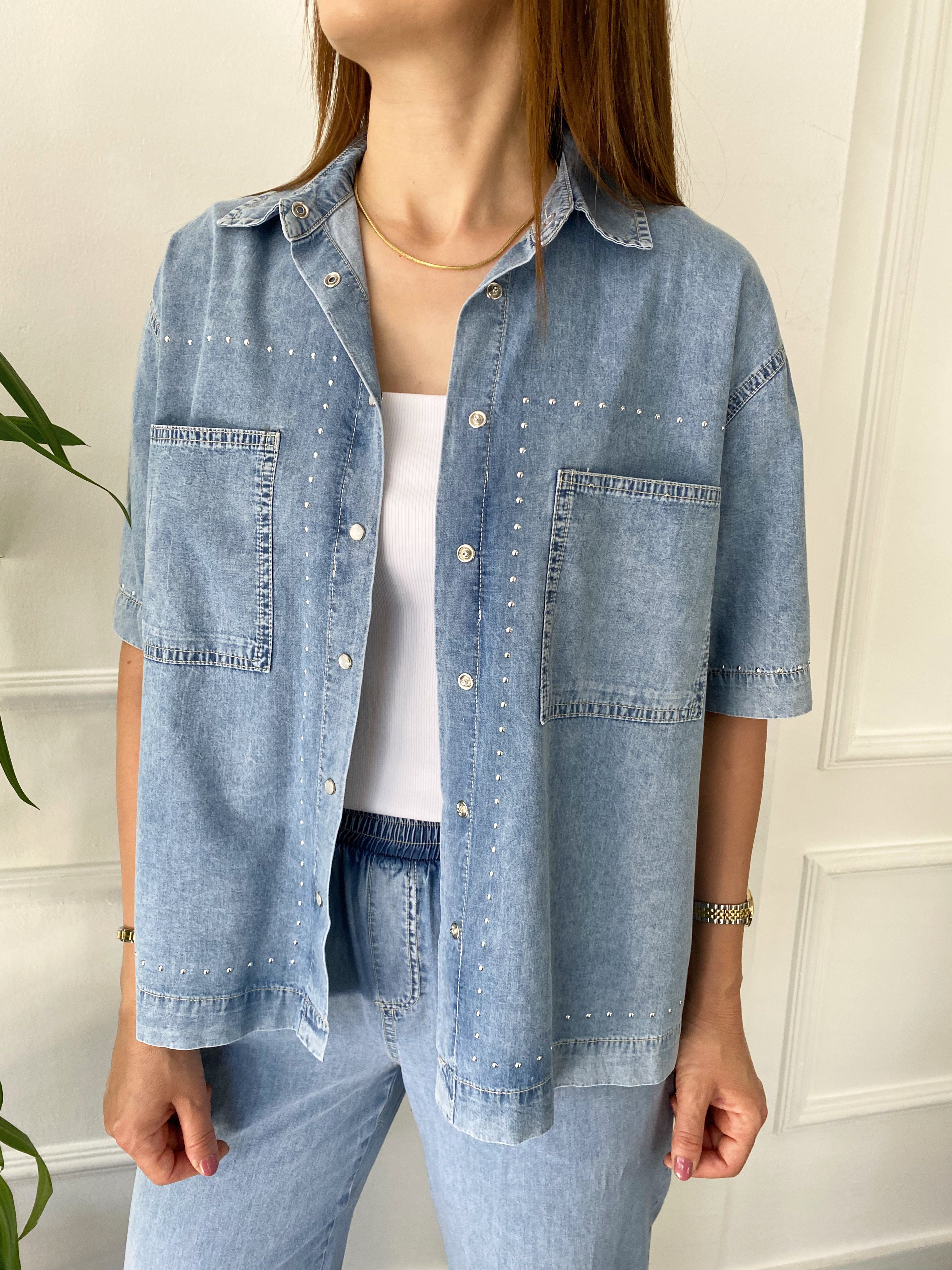 Taş Detaylı Denim Gömlek Takım Buz Mavi