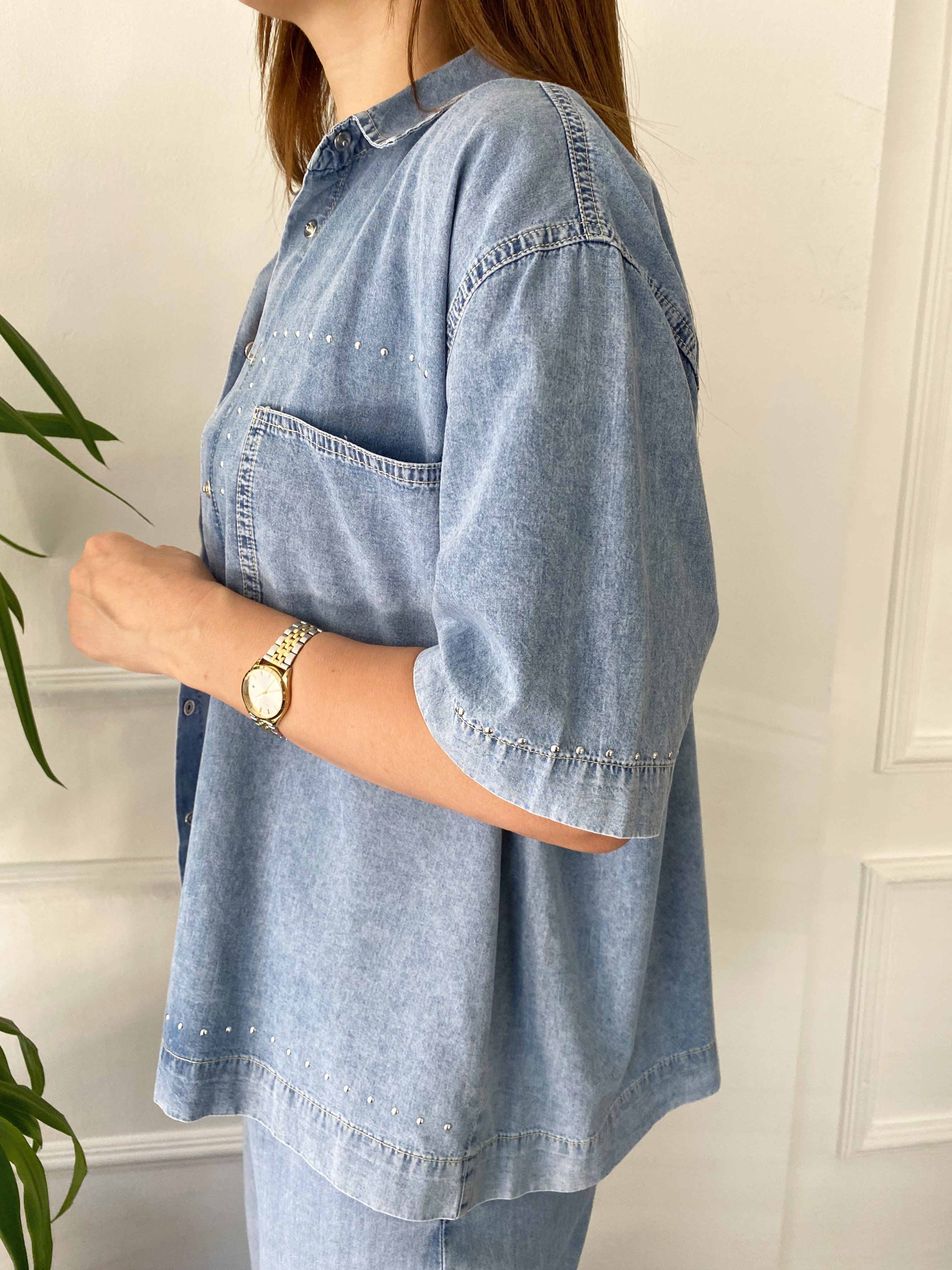 Taş Detaylı Denim Gömlek Takım Buz Mavi