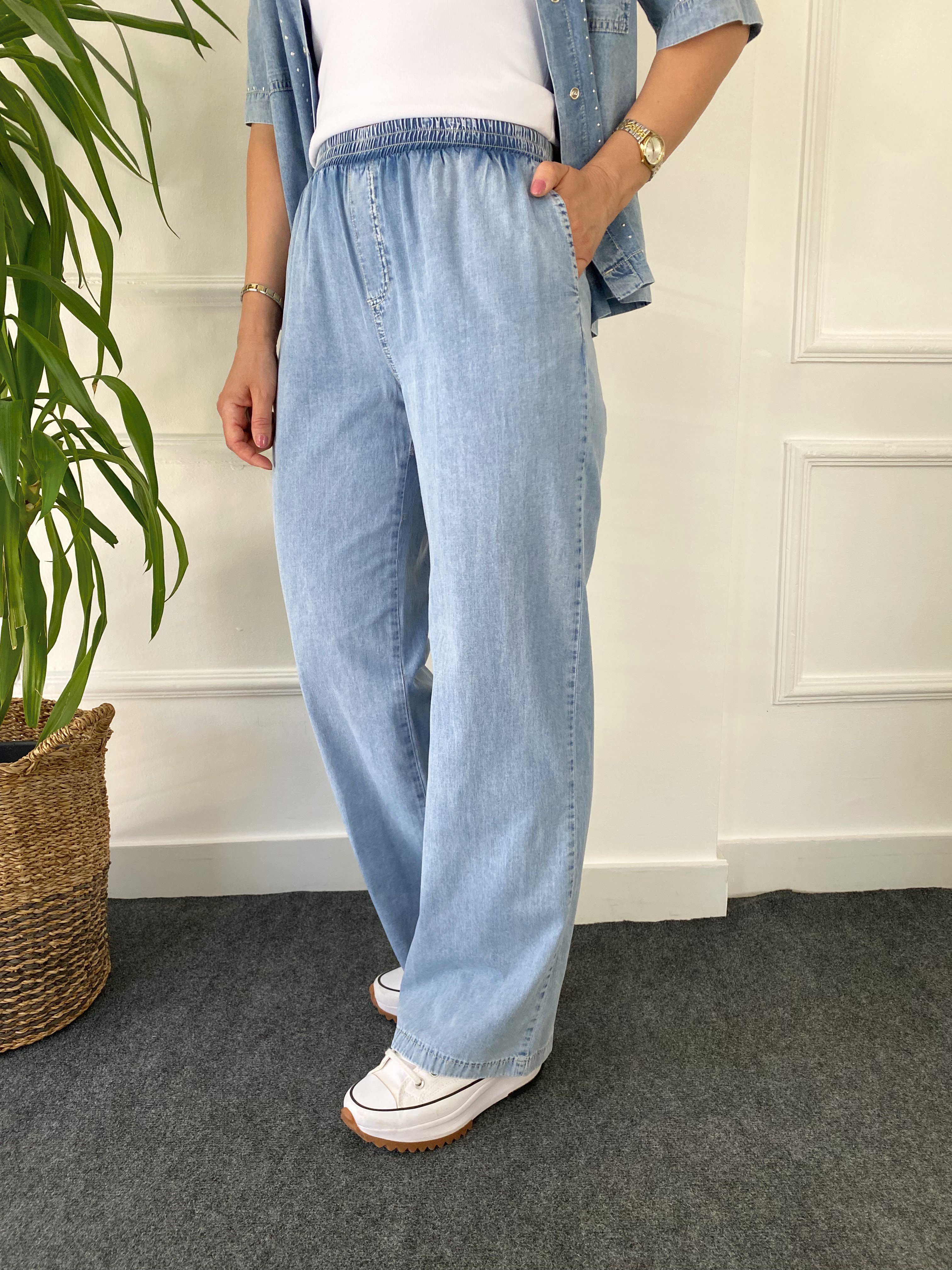 Taş Detaylı Denim Gömlek Takım Buz Mavi