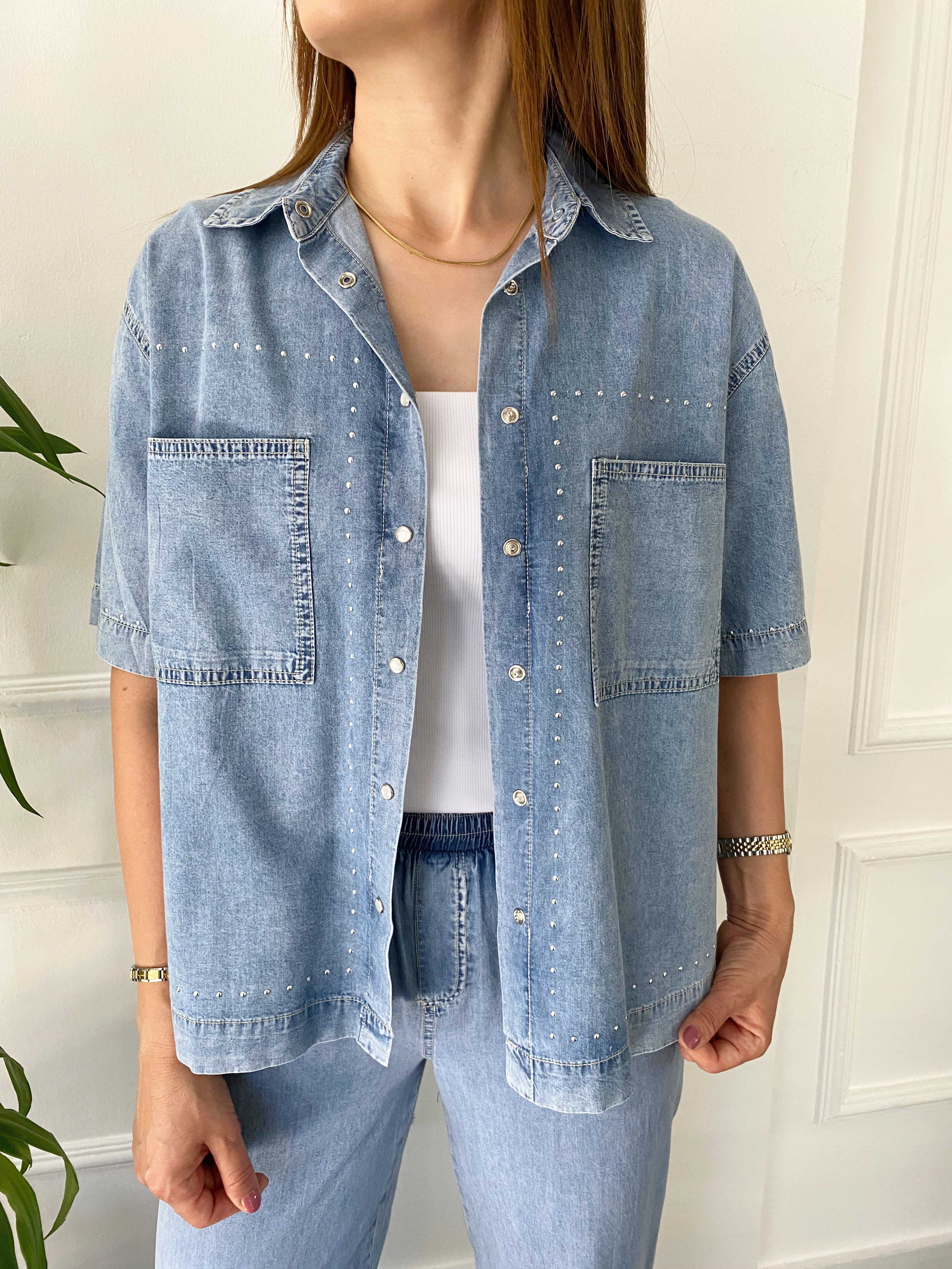 Taş Detaylı Denim Gömlek Takım Buz Mavi