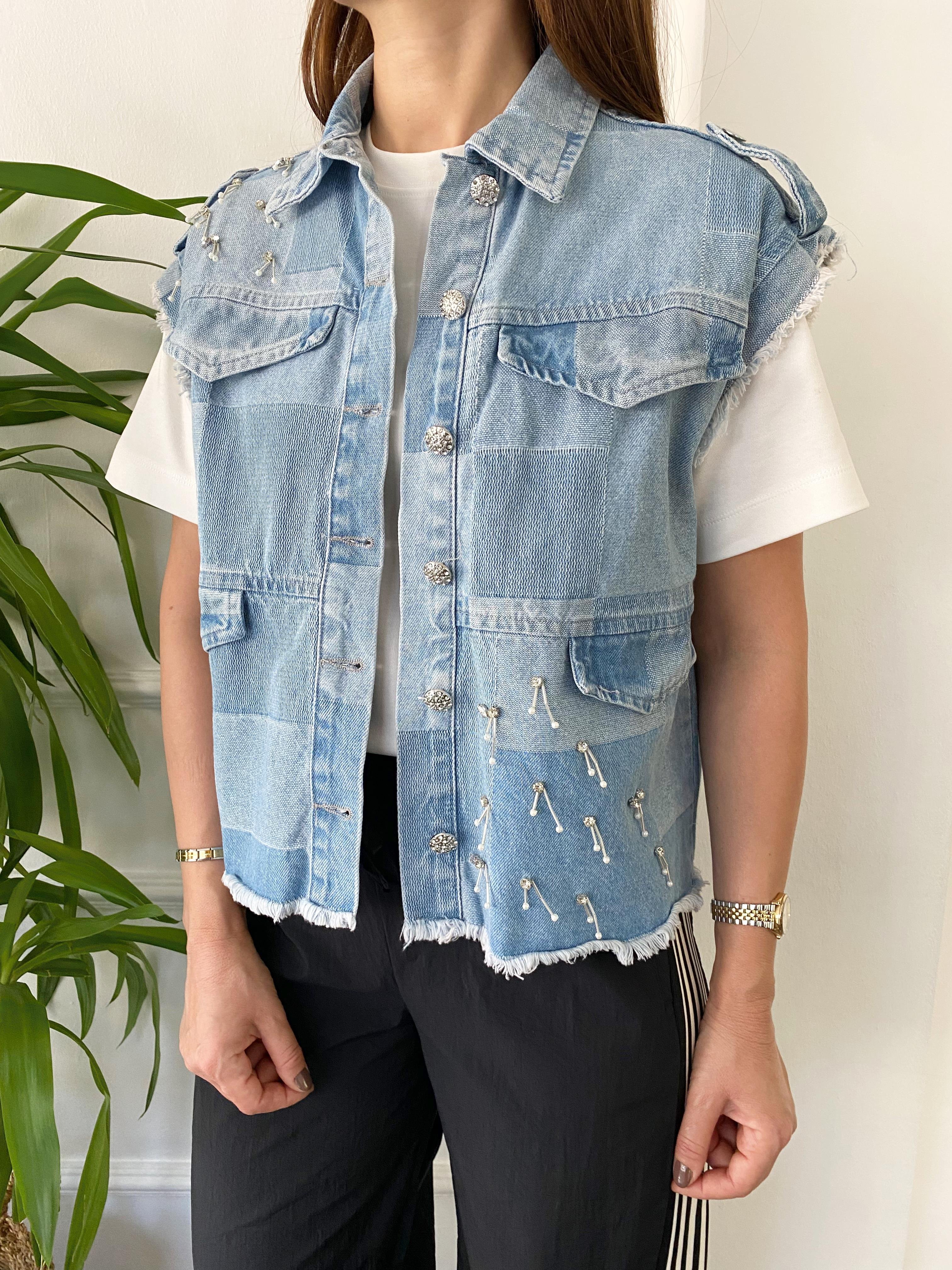 Taş Ve Apoletli Denim Yelek Açık Mavi