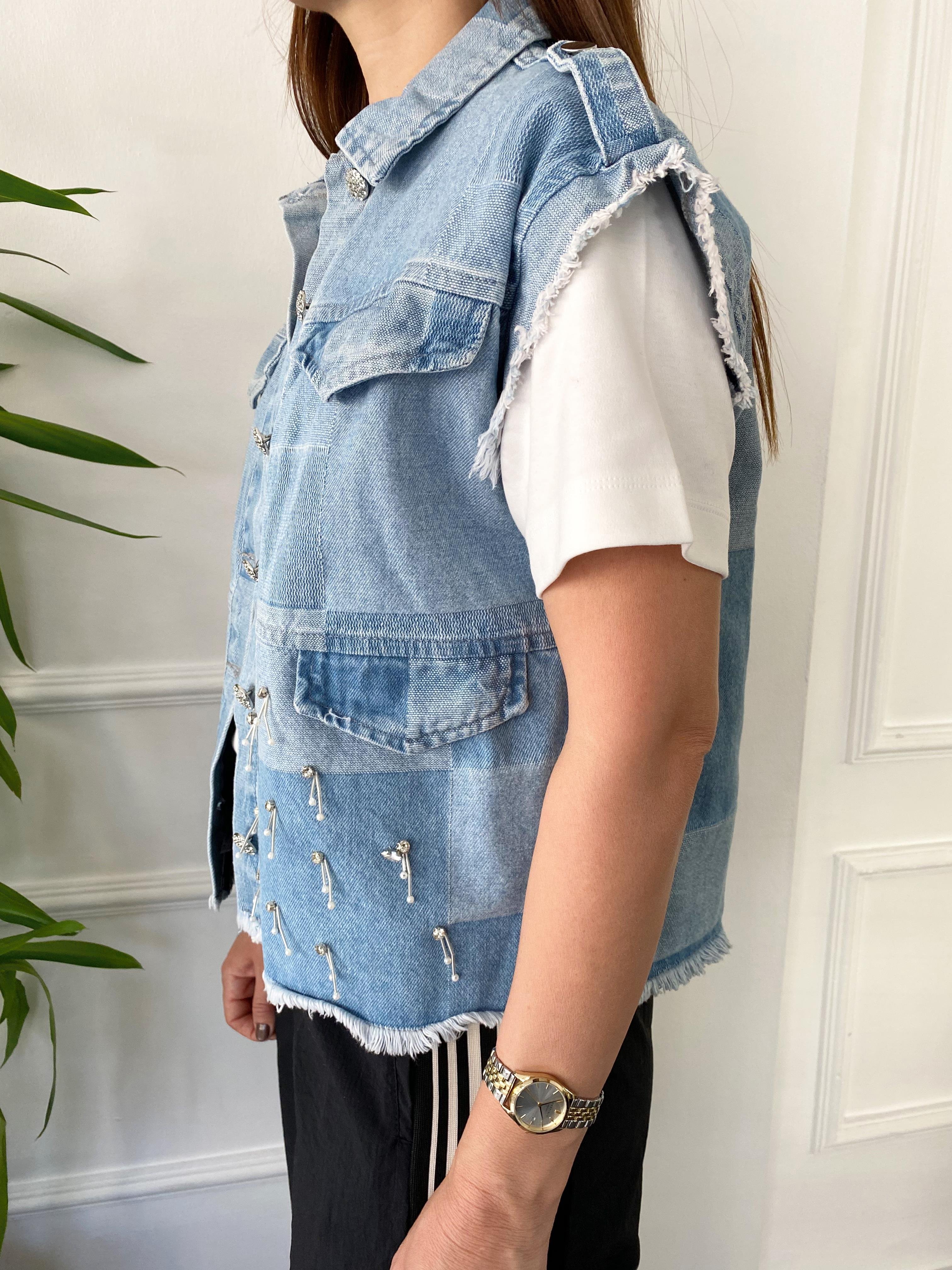 Taş Ve Apoletli Denim Yelek Açık Mavi