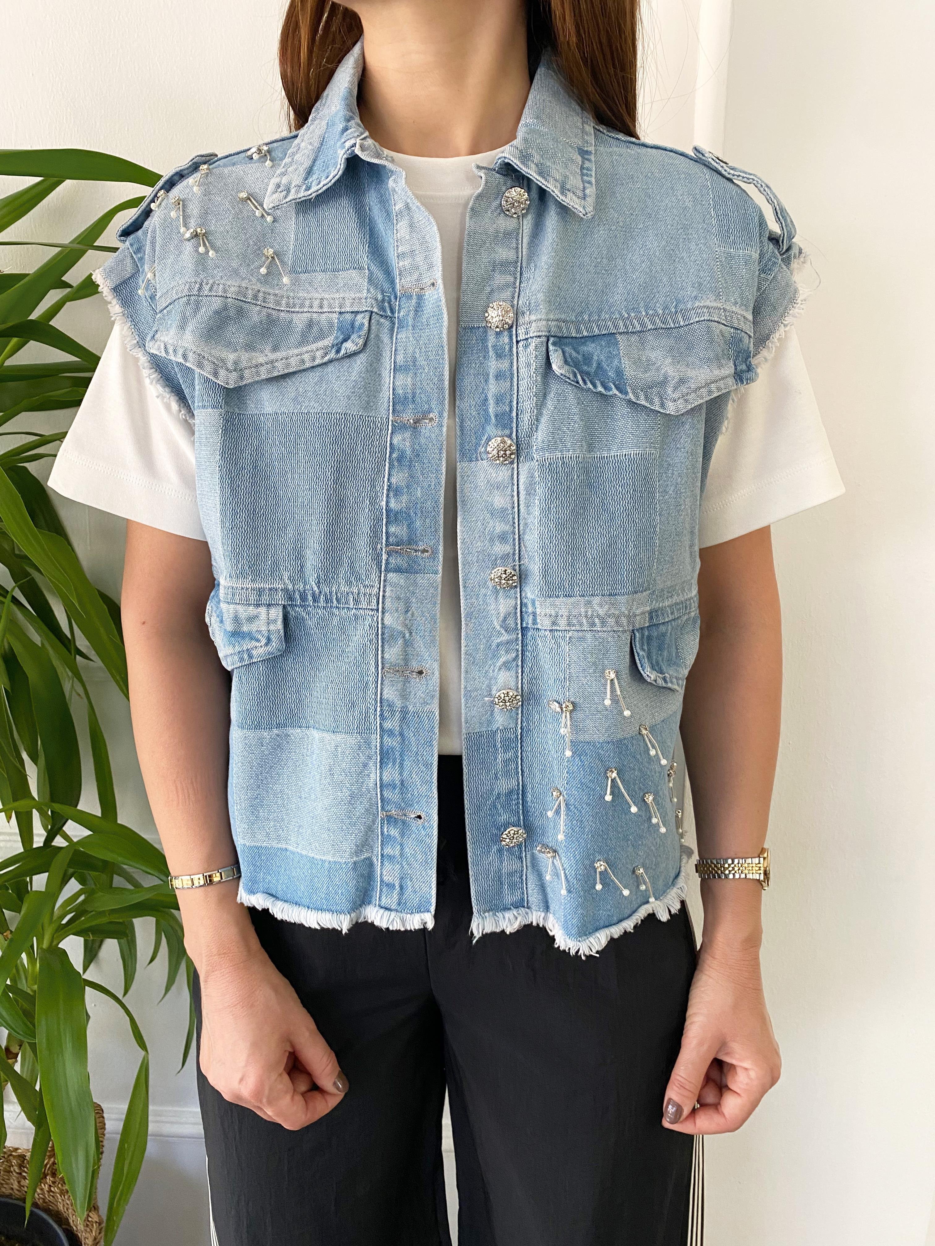 Taş Ve Apoletli Denim Yelek Açık Mavi