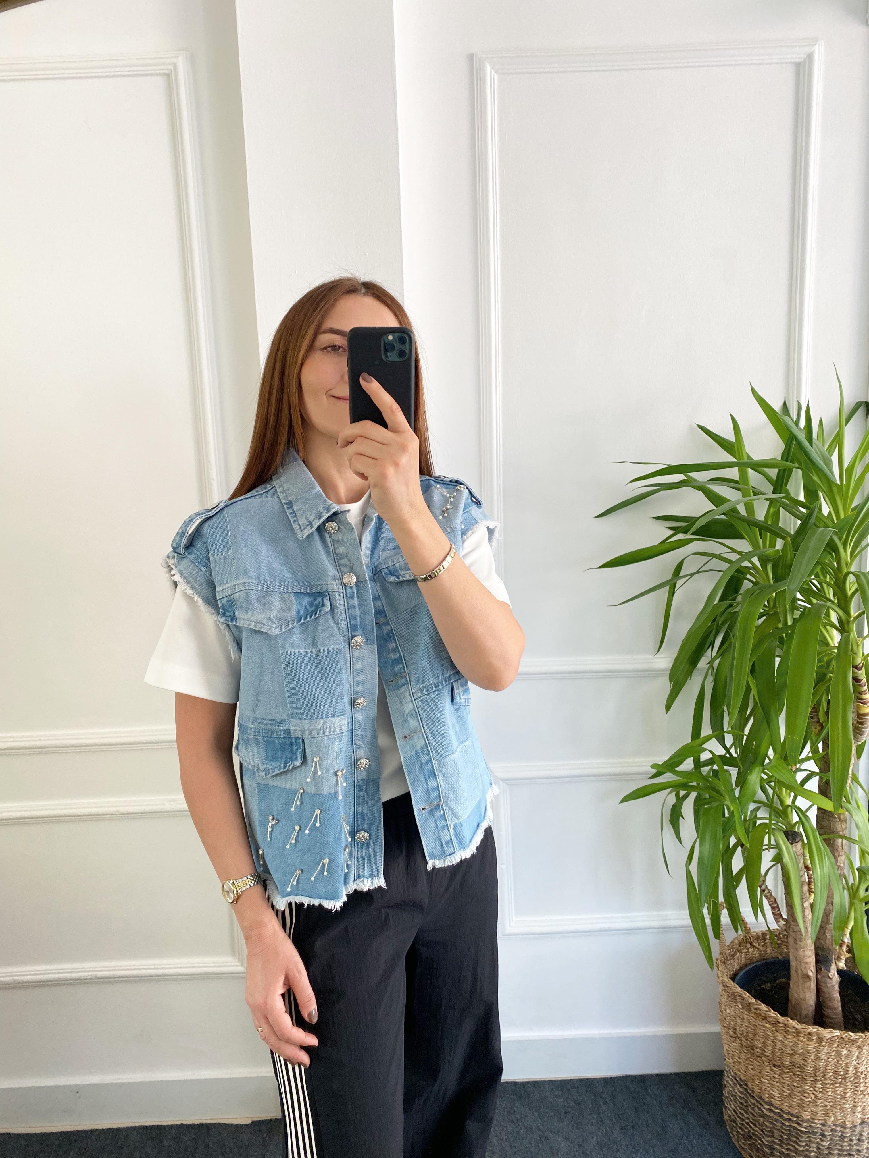 Taş Ve Apoletli Denim Yelek Açık Mavi