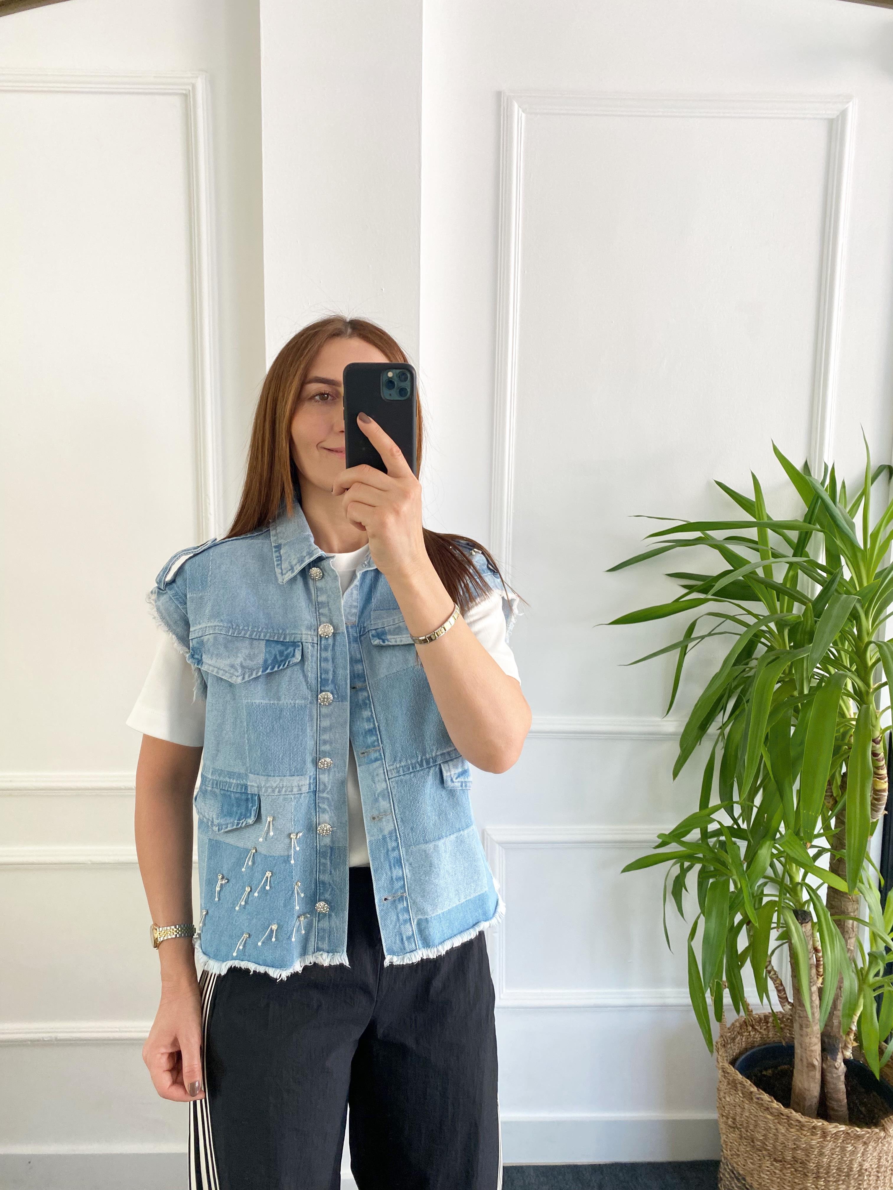 Taş Ve Apoletli Denim Yelek Açık Mavi