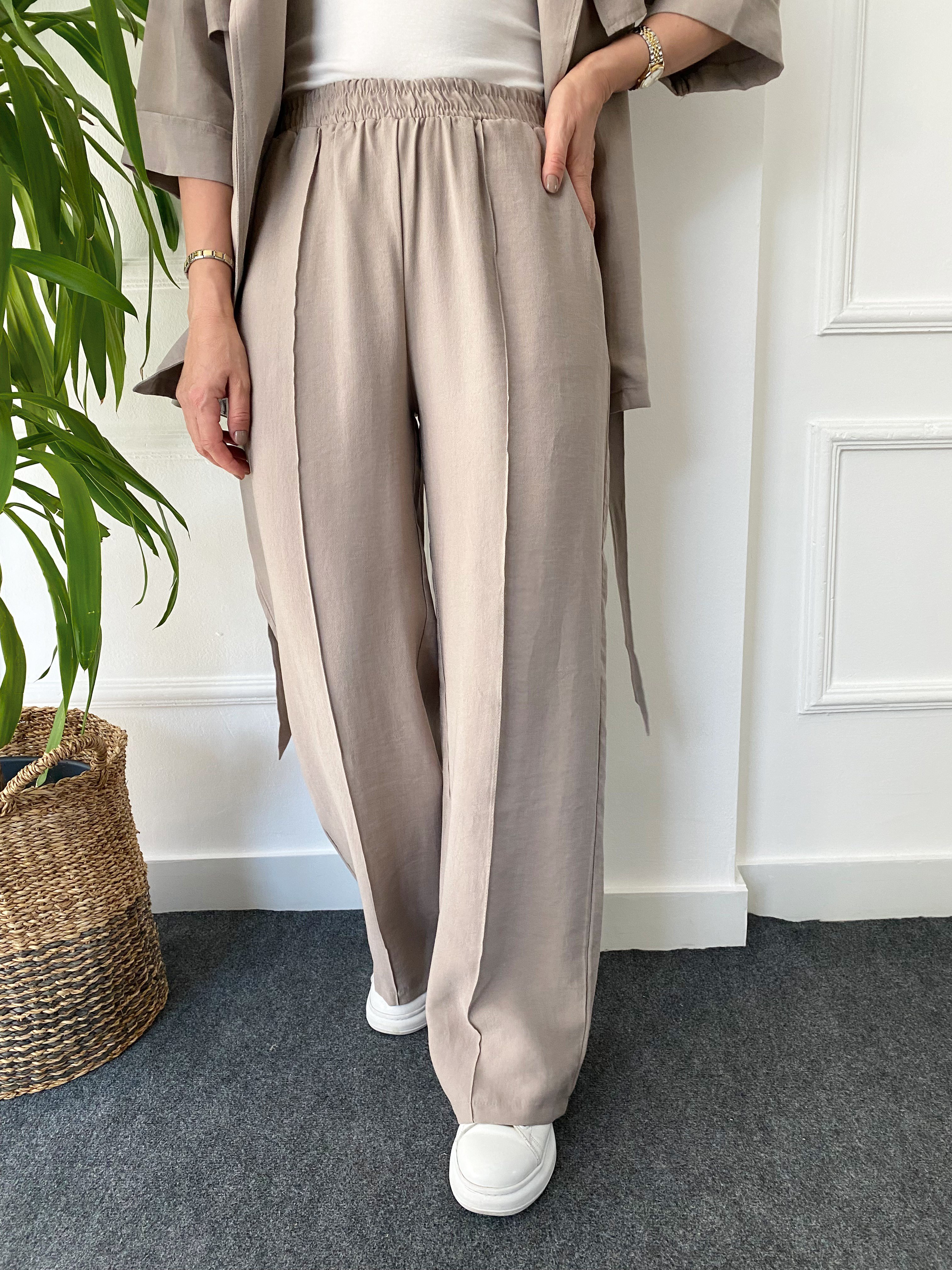 Tencel Yarım Kol Gömlek Pantolon Takım Vizon