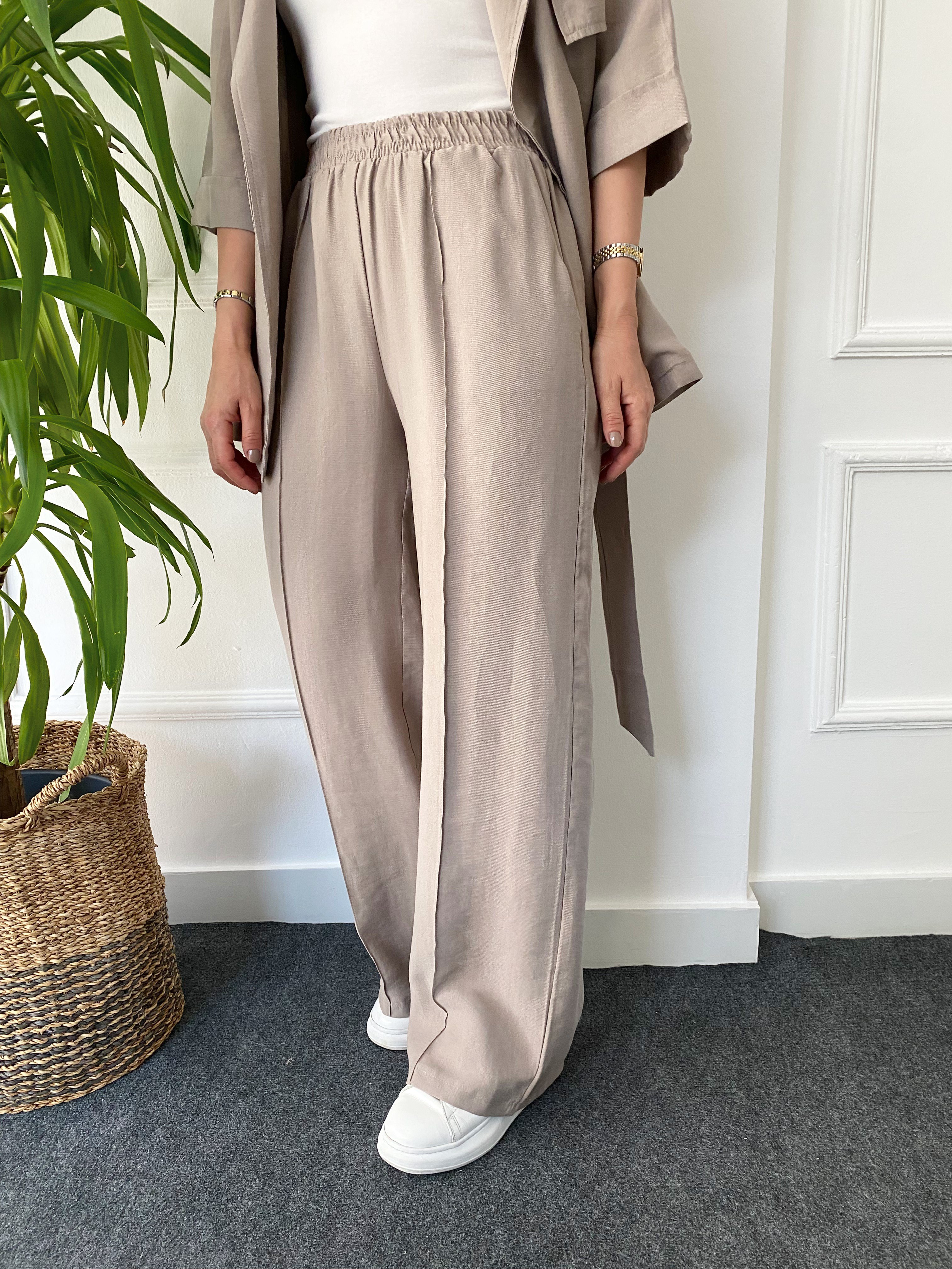 Tencel Yarım Kol Gömlek Pantolon Takım Vizon