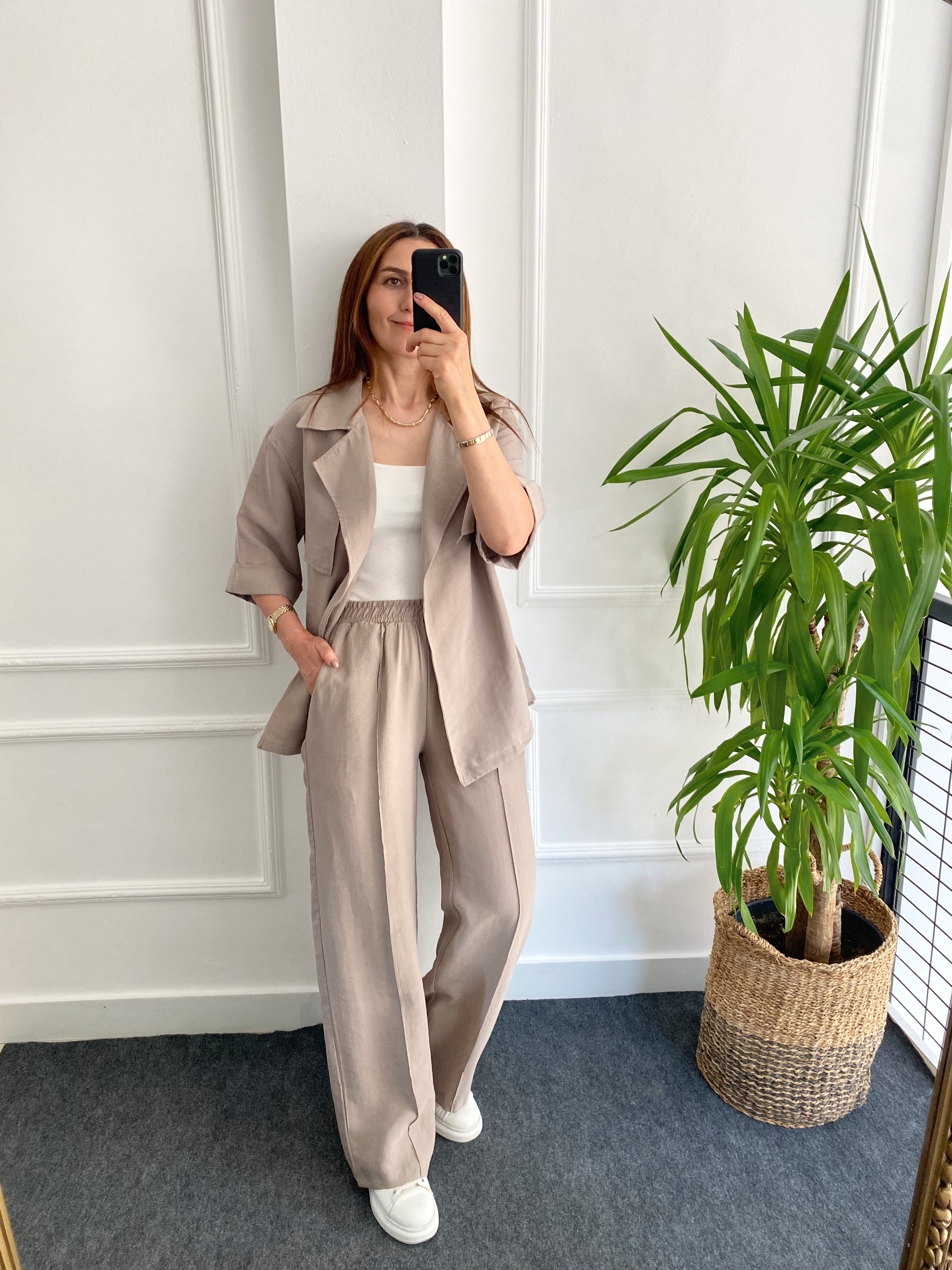 Tencel Yarım Kol Gömlek Pantolon Takım Vizon