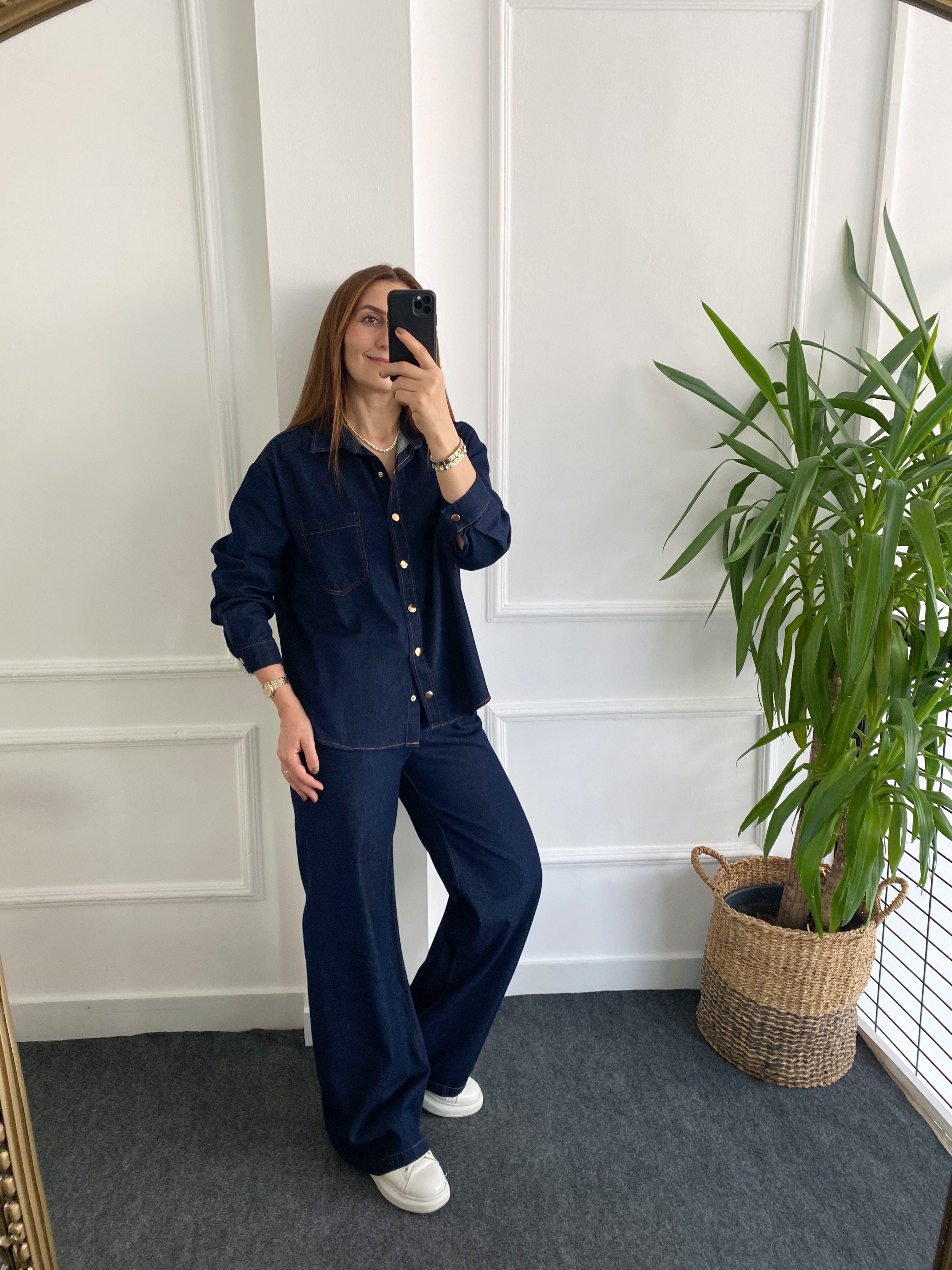Tensel Gold Düğmeli Denim Takım Lacivert