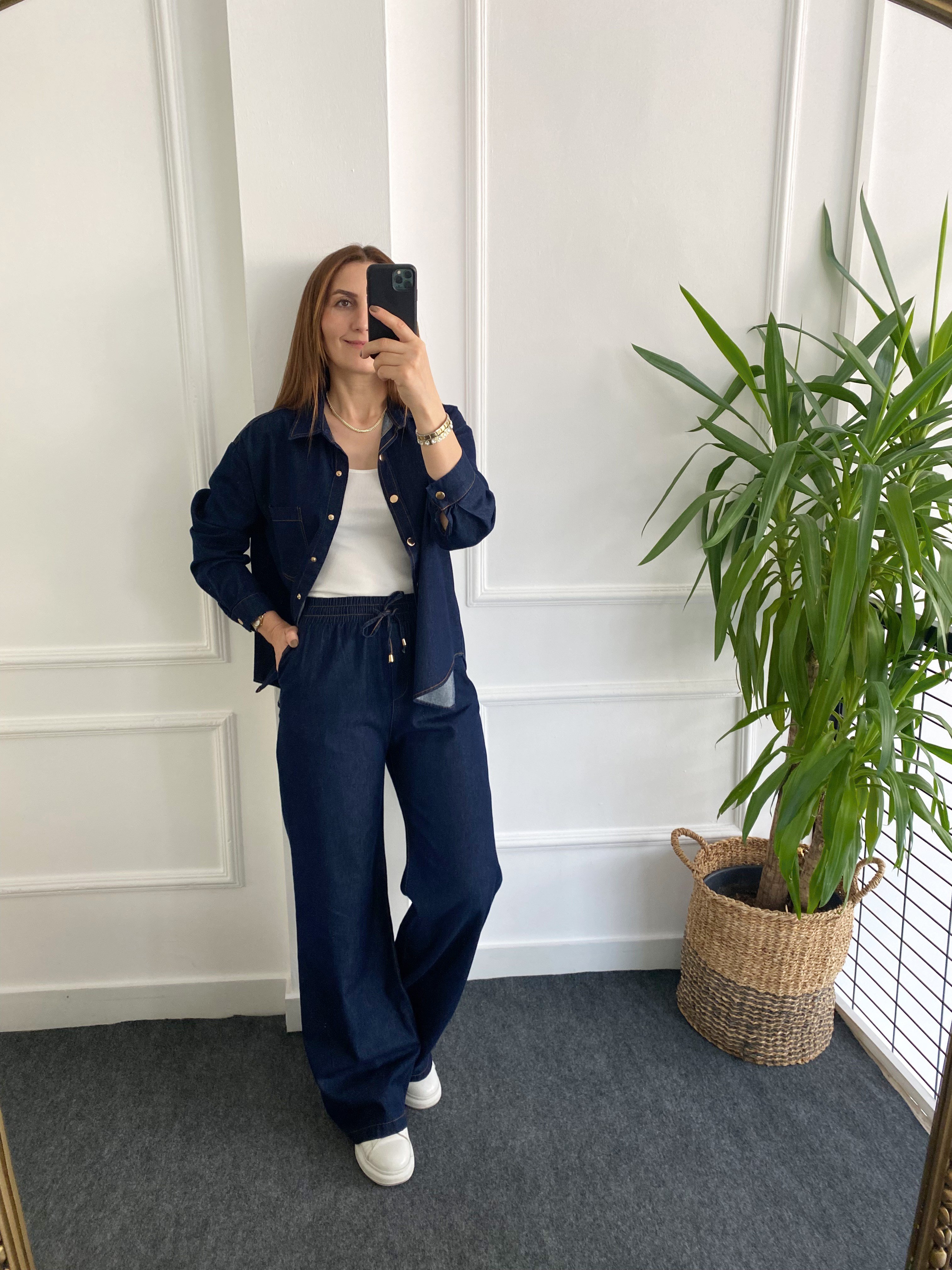 Tensel Gold Düğmeli Denim Takım Lacivert