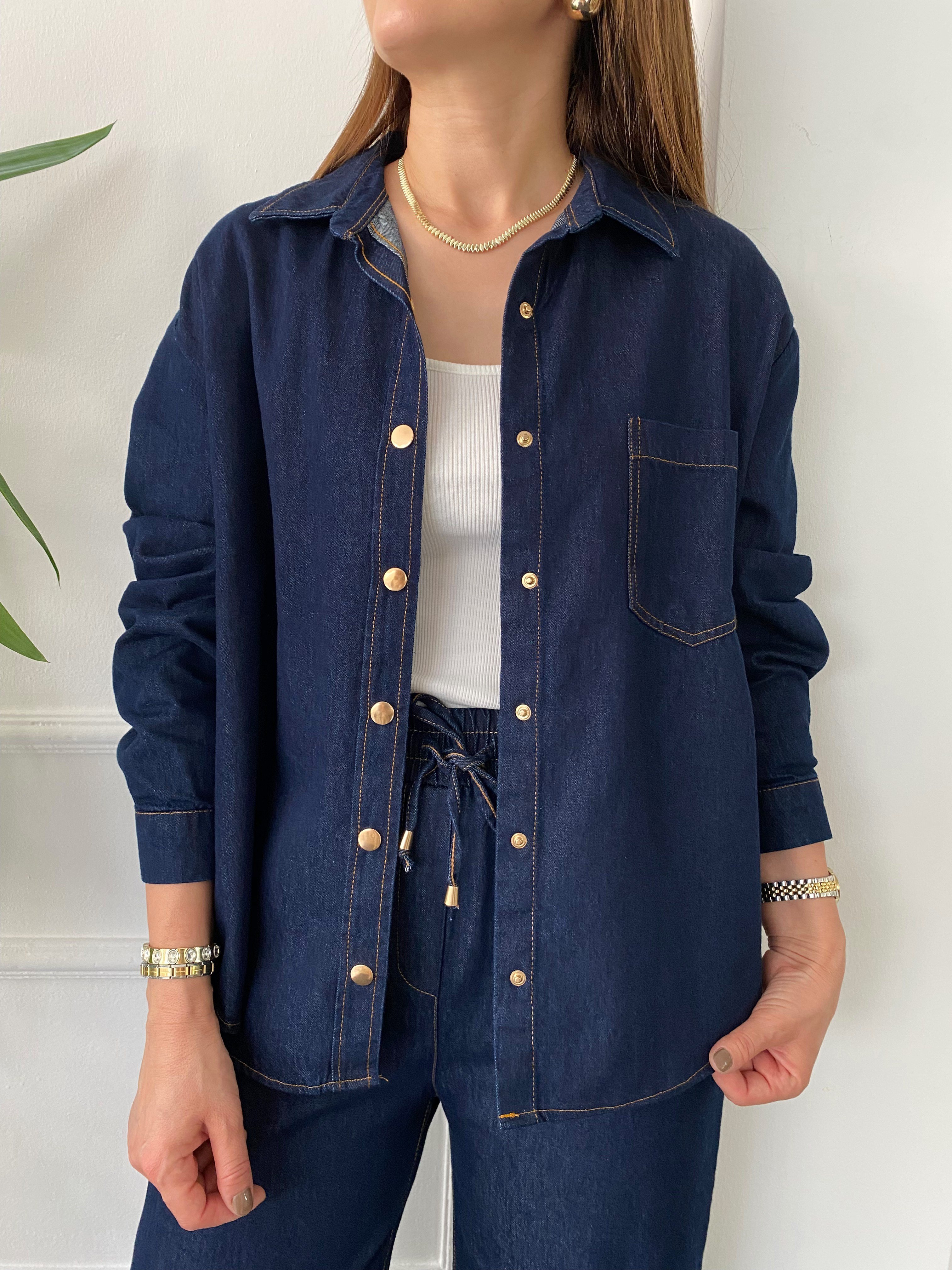 Tensel Gold Düğmeli Denim Takım Lacivert