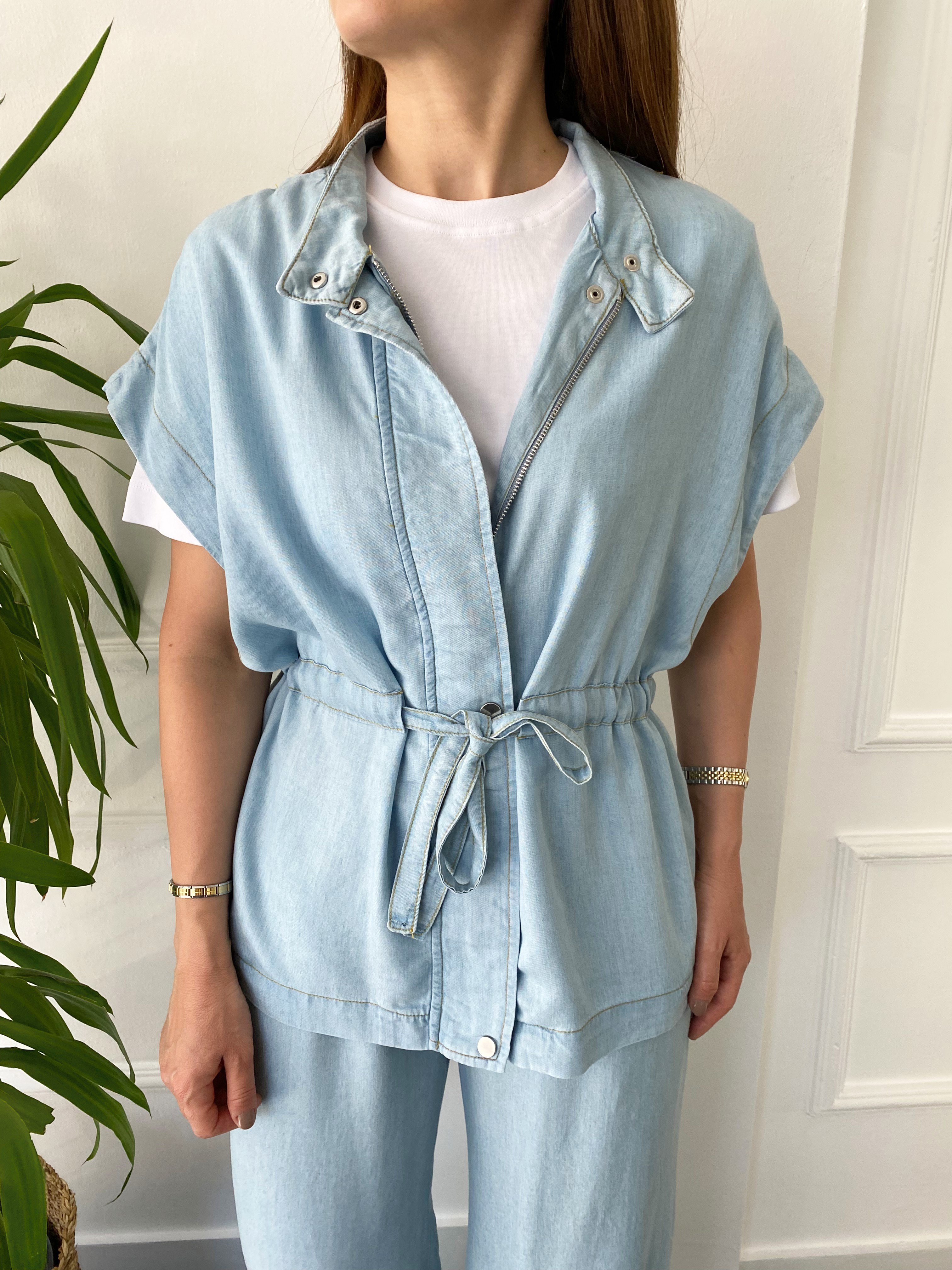 Tensel İnce Yelekli Denim Takım Açık Mavi