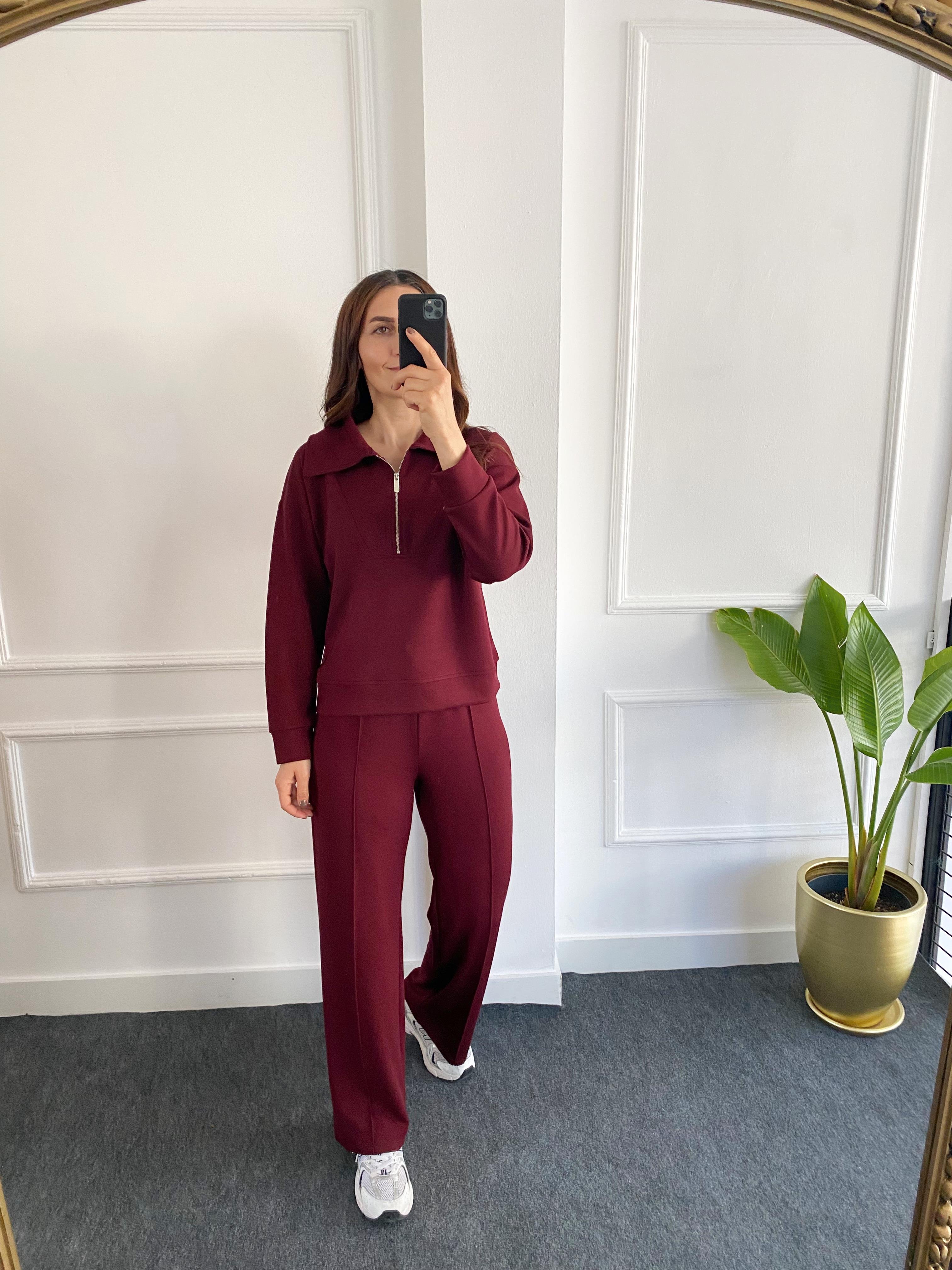 Yaka Fermuarlı Takım Bordo