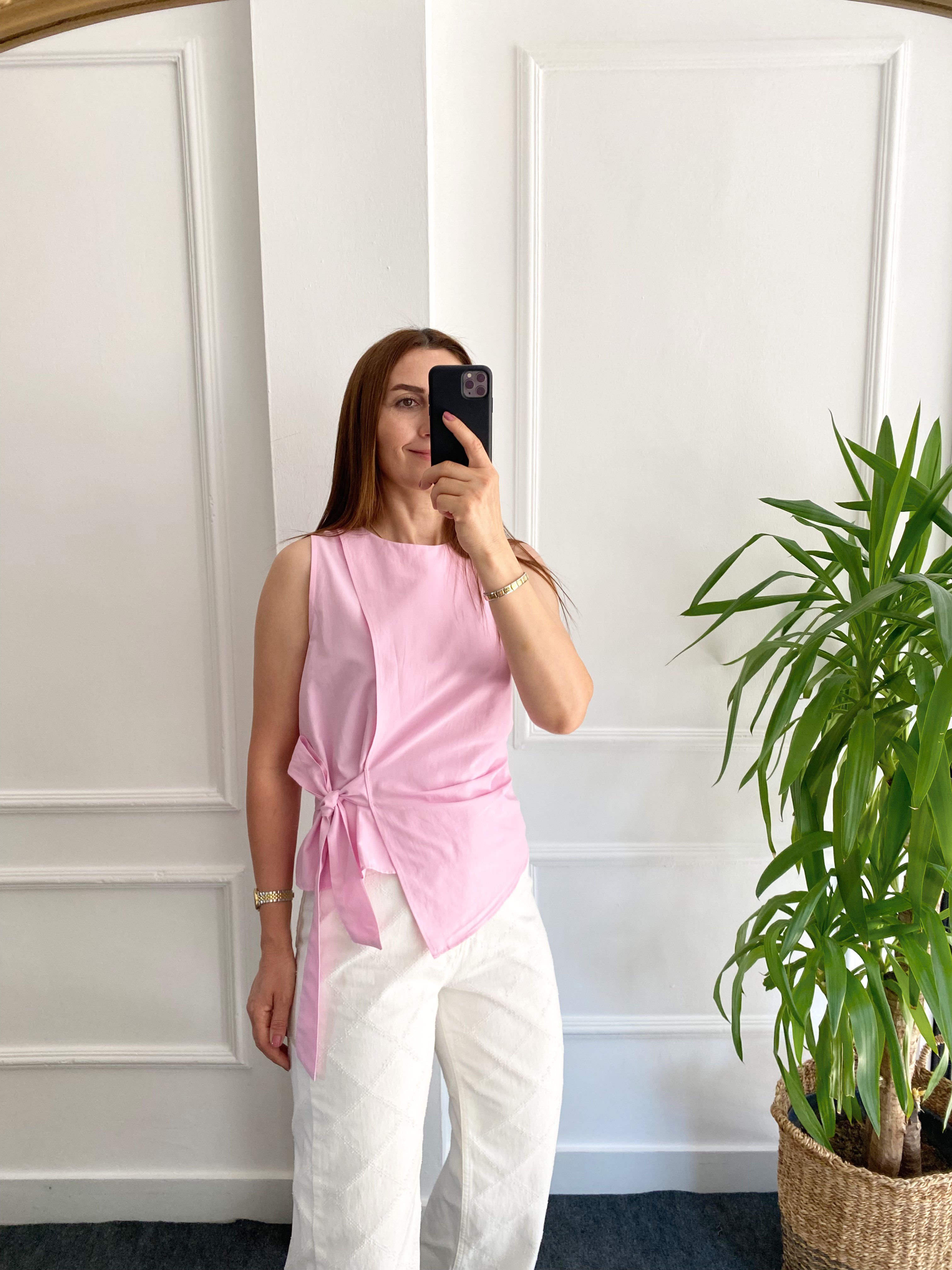 Yanı Bağlama Detaylı Bluz Pembe