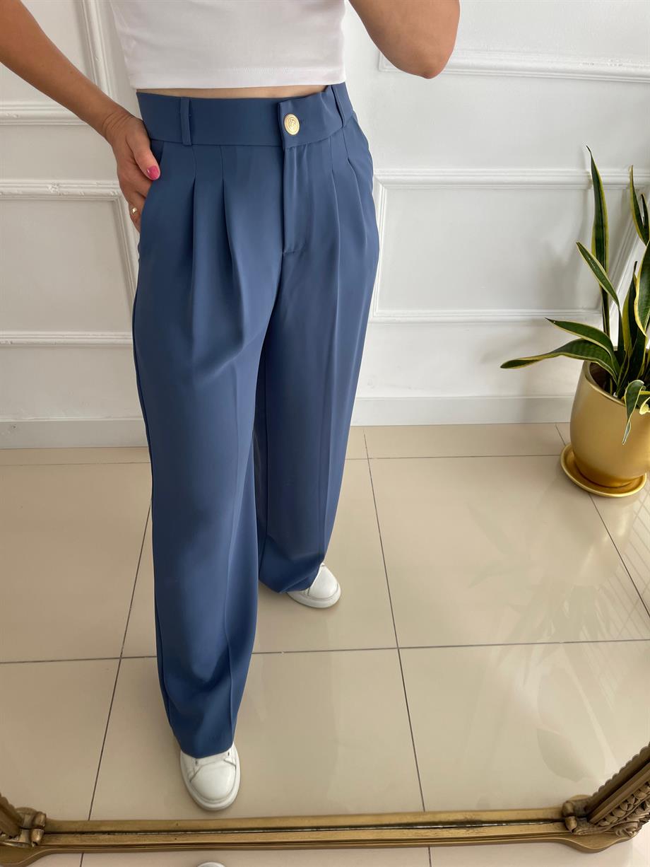 Yüksek Bel Beli Lastikli Bol Paça Pantolon İndigo Mavi