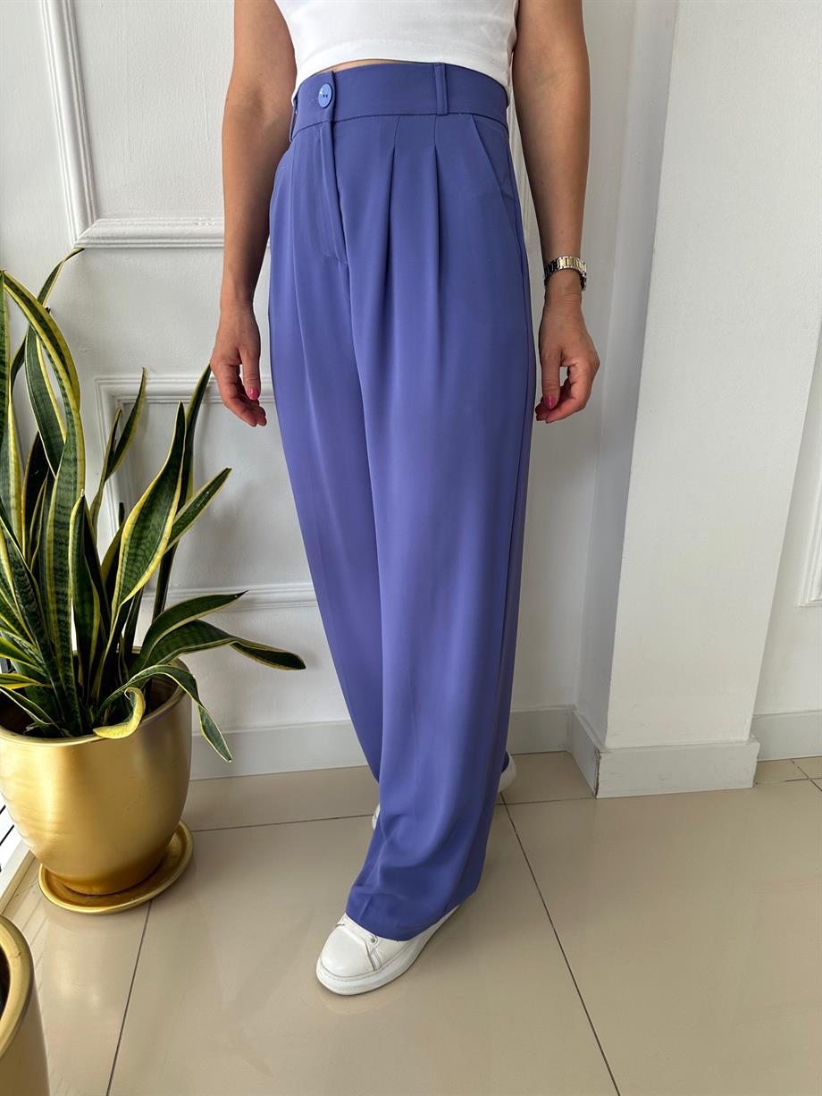 Yüksek Bel Beli Lastikli Bol Paça Pantolon Mor