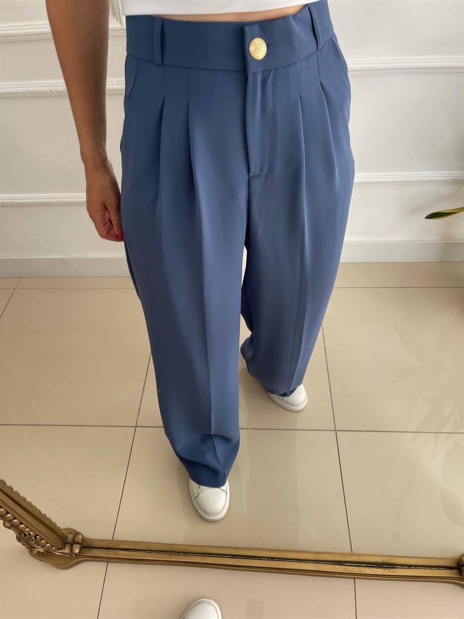 Yüksek Bel Beli Lastikli Bol Paça Pantolon İndigo Mavi