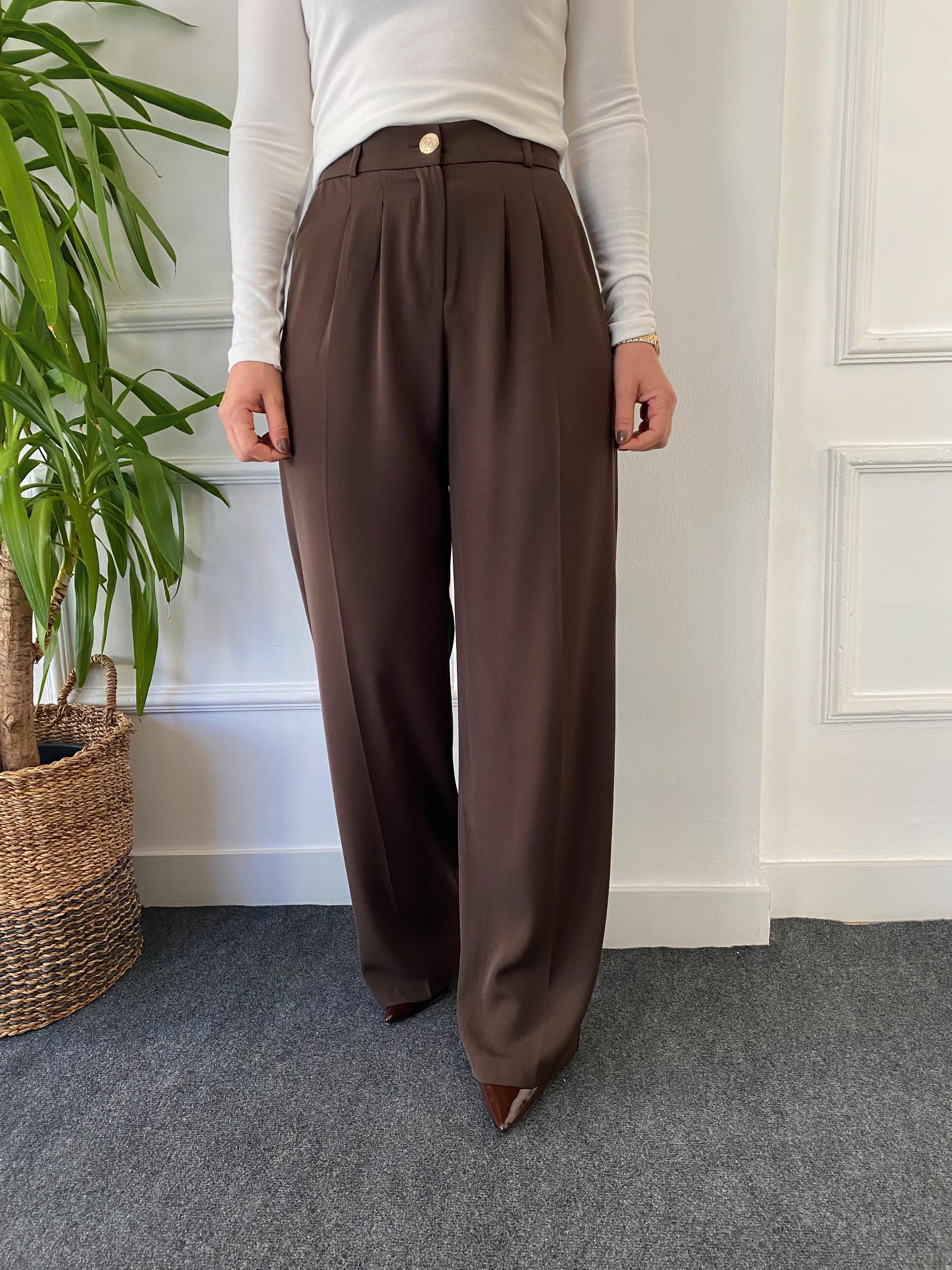 Yüksek Bel Beli Lastikli Bol Paça Pantolon Kahve