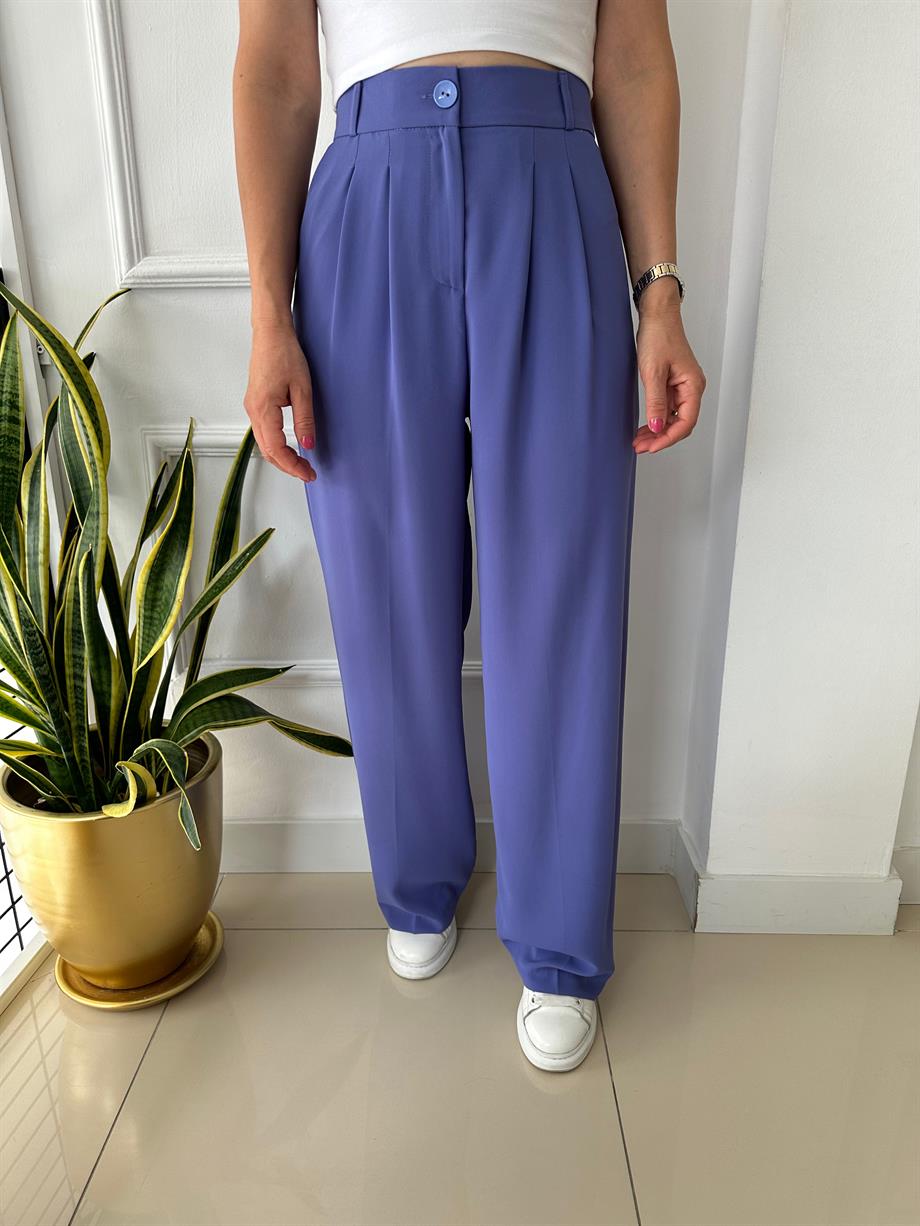 Yüksek Bel Beli Lastikli Bol Paça Pantolon Mor