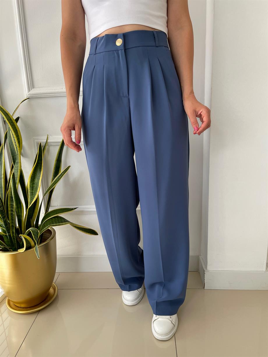 Yüksek Bel Beli Lastikli Bol Paça Pantolon İndigo Mavi