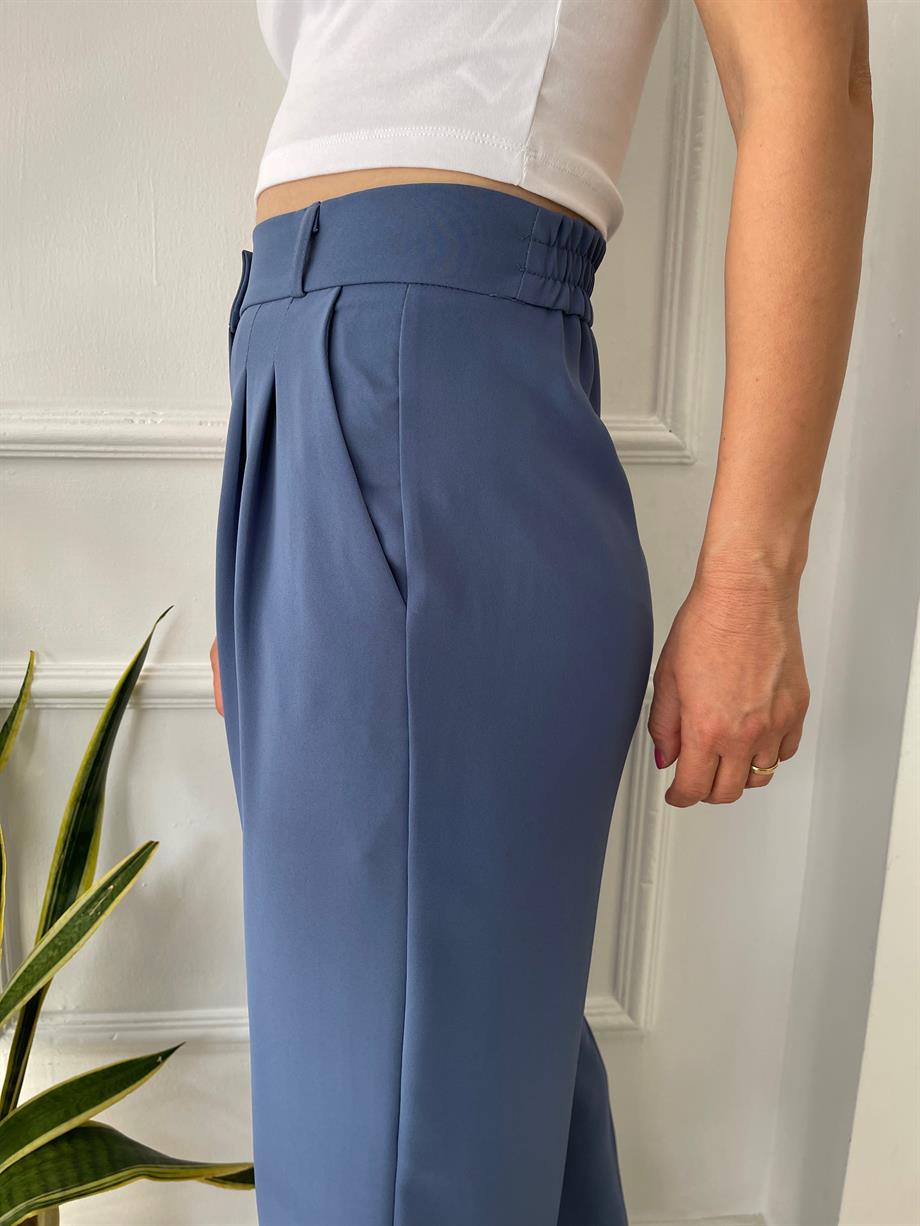 Yüksek Bel Beli Lastikli Bol Paça Pantolon İndigo Mavi
