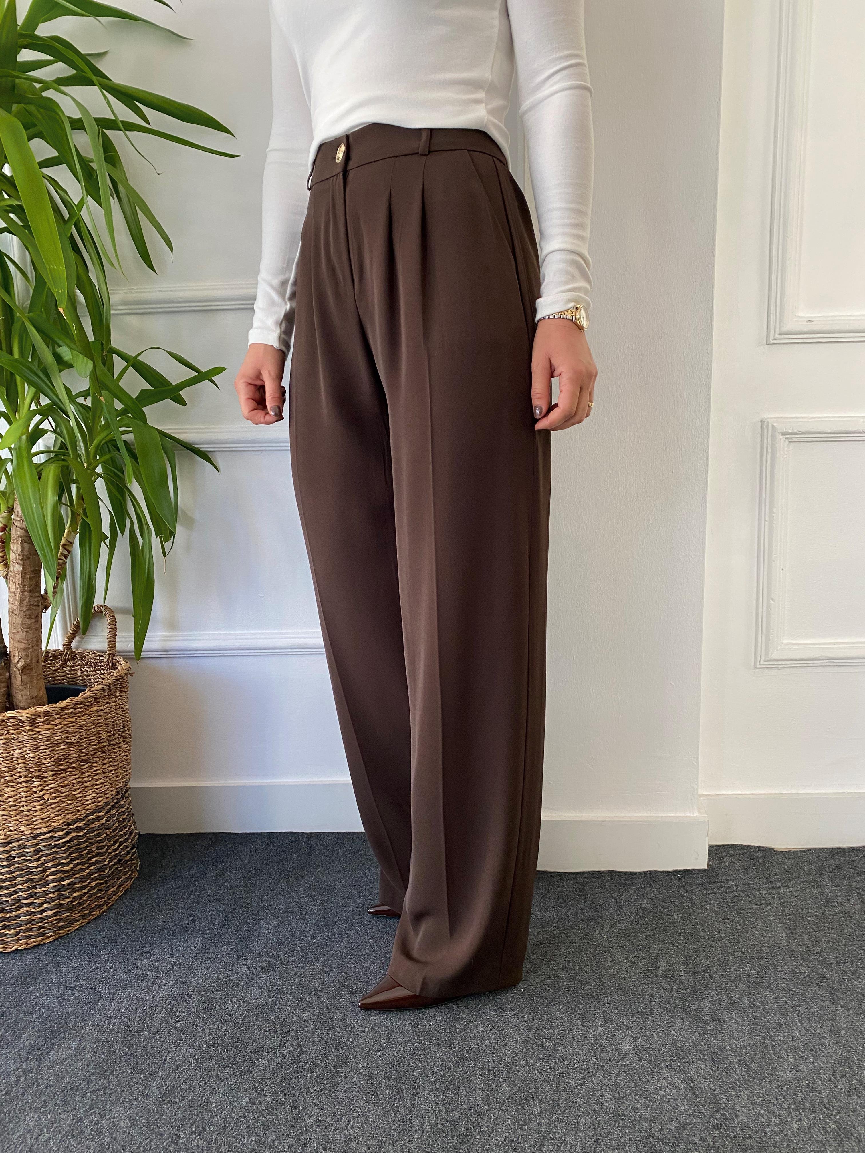 Yüksek Bel Beli Lastikli Bol Paça Pantolon Kahve