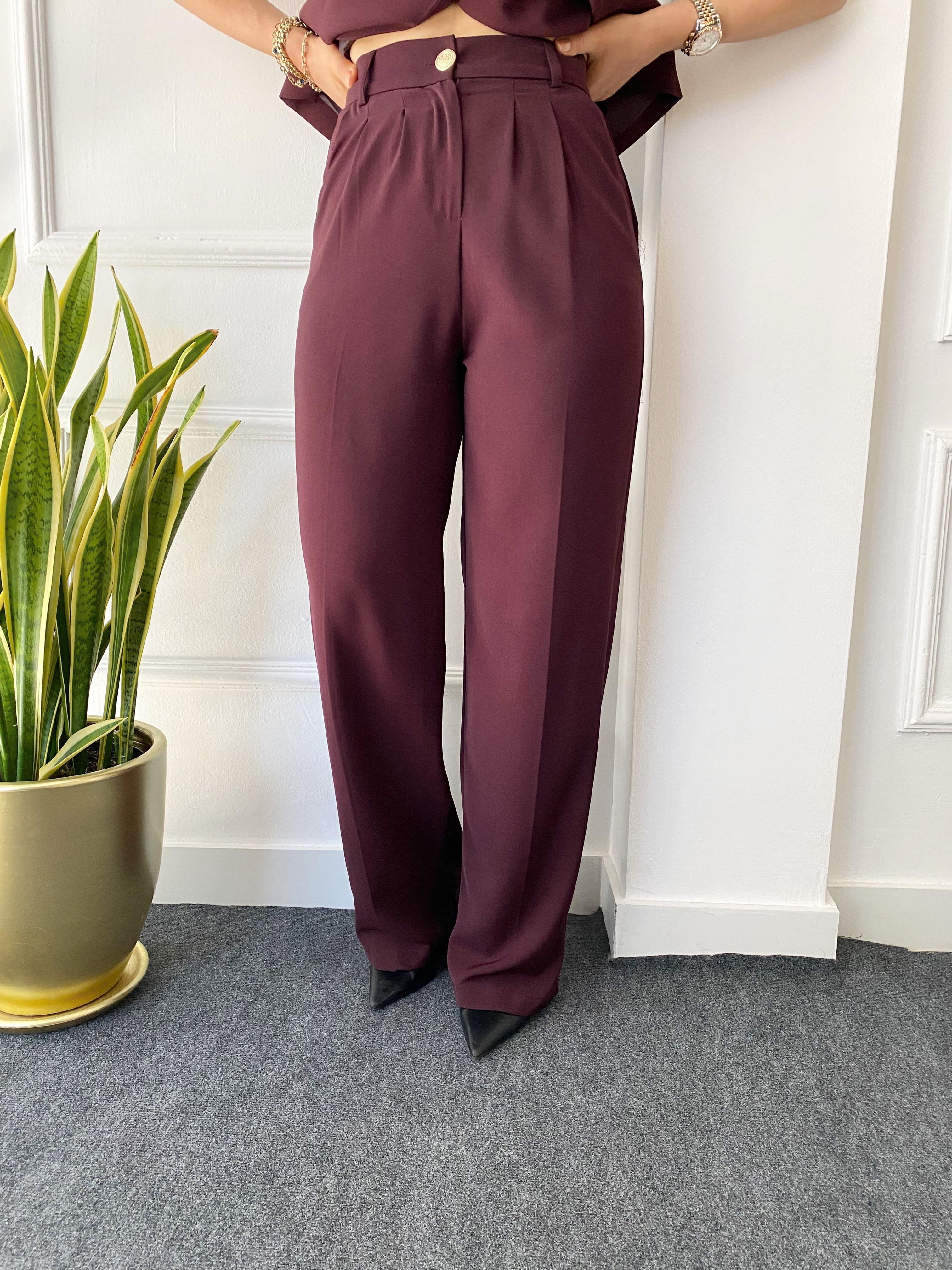 Yüksek Bel Beli Lastikli Bol Paça Pantolon Mürdüm