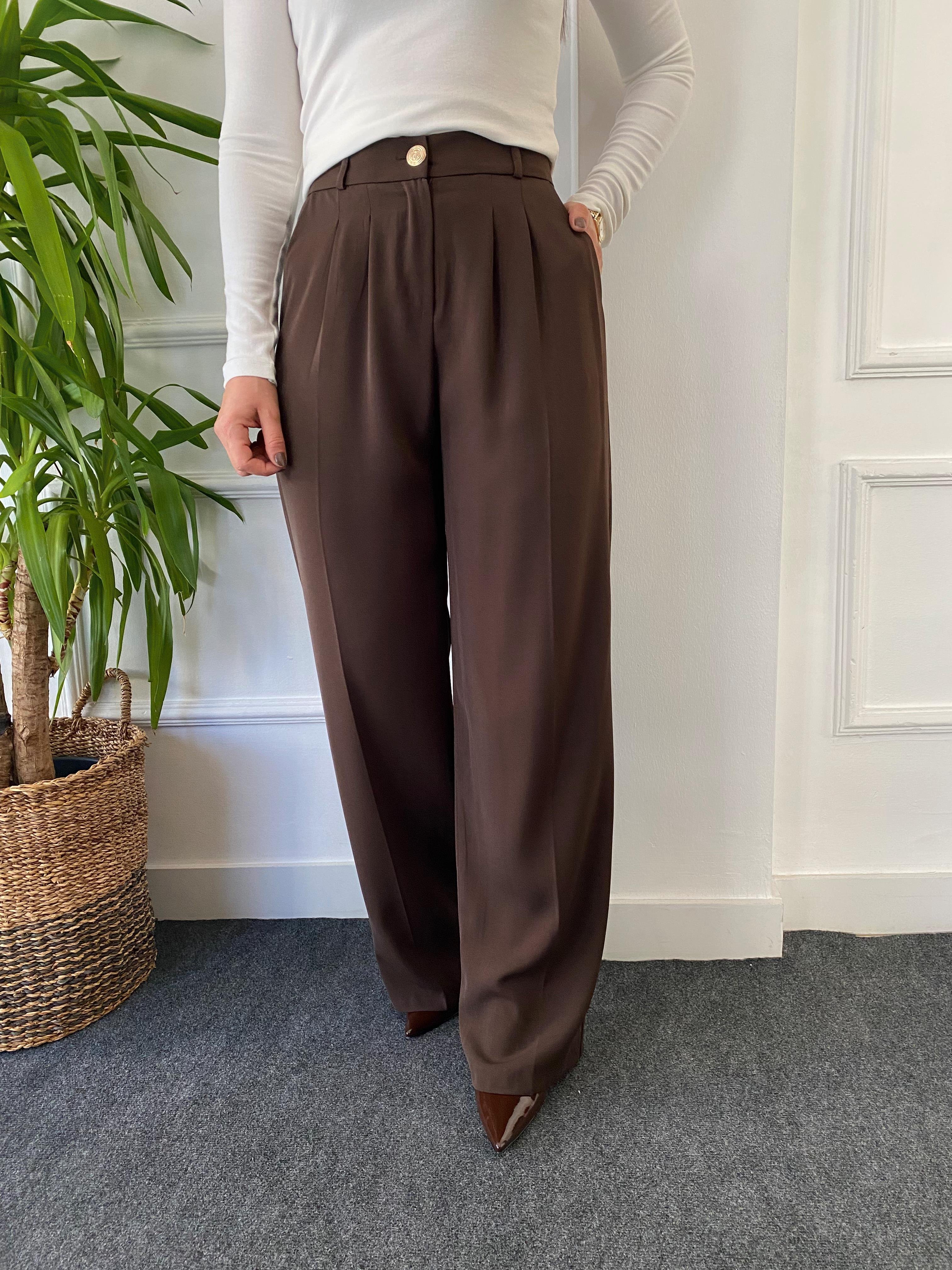 Yüksek Bel Beli Lastikli Bol Paça Pantolon Kahve