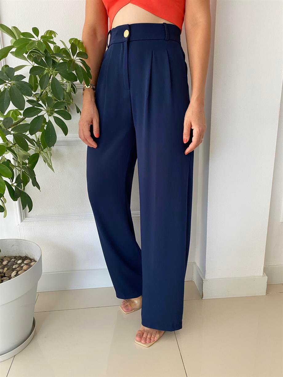 Yüksek Bel Beli Lastikli Bol Paça Pantolon Lacivert