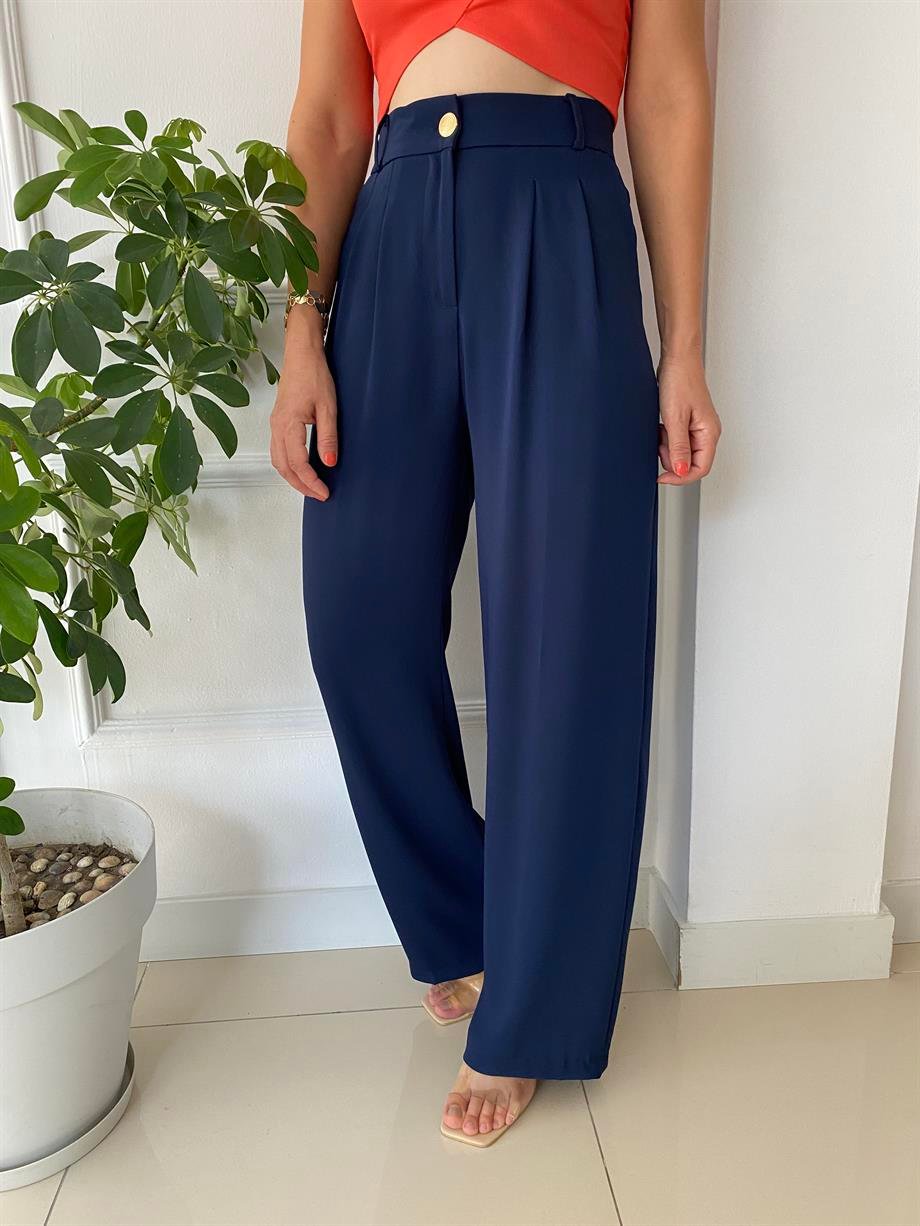 Yüksek Bel Beli Lastikli Bol Paça Pantolon Lacivert