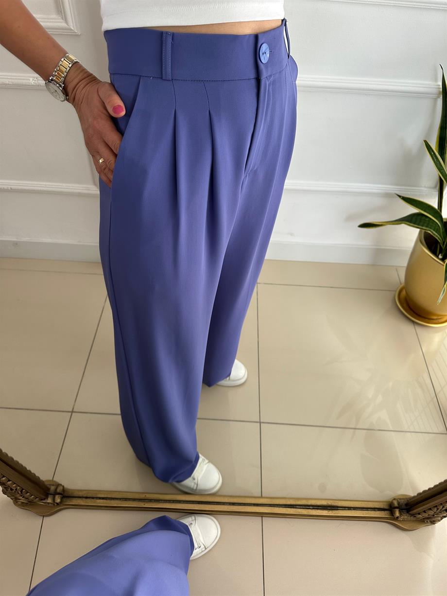 Yüksek Bel Beli Lastikli Bol Paça Pantolon Mor