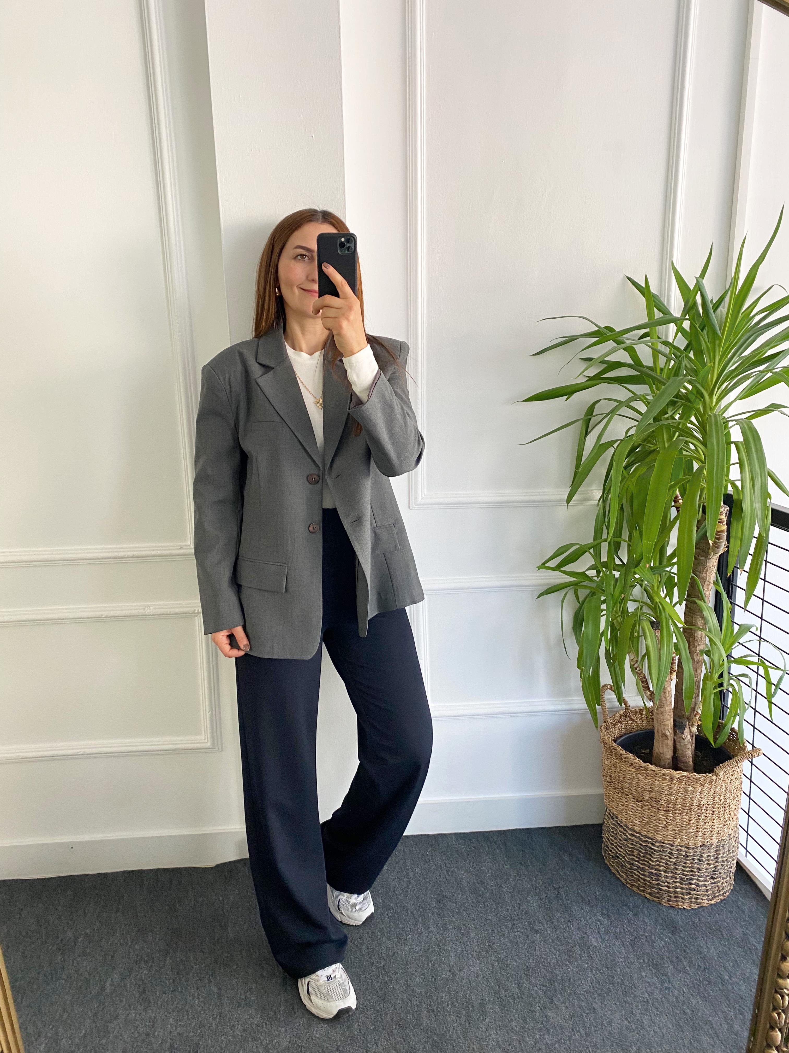 Yüksek Bel Bol Paça Kumaş Pantolon Koyu Lacivert
