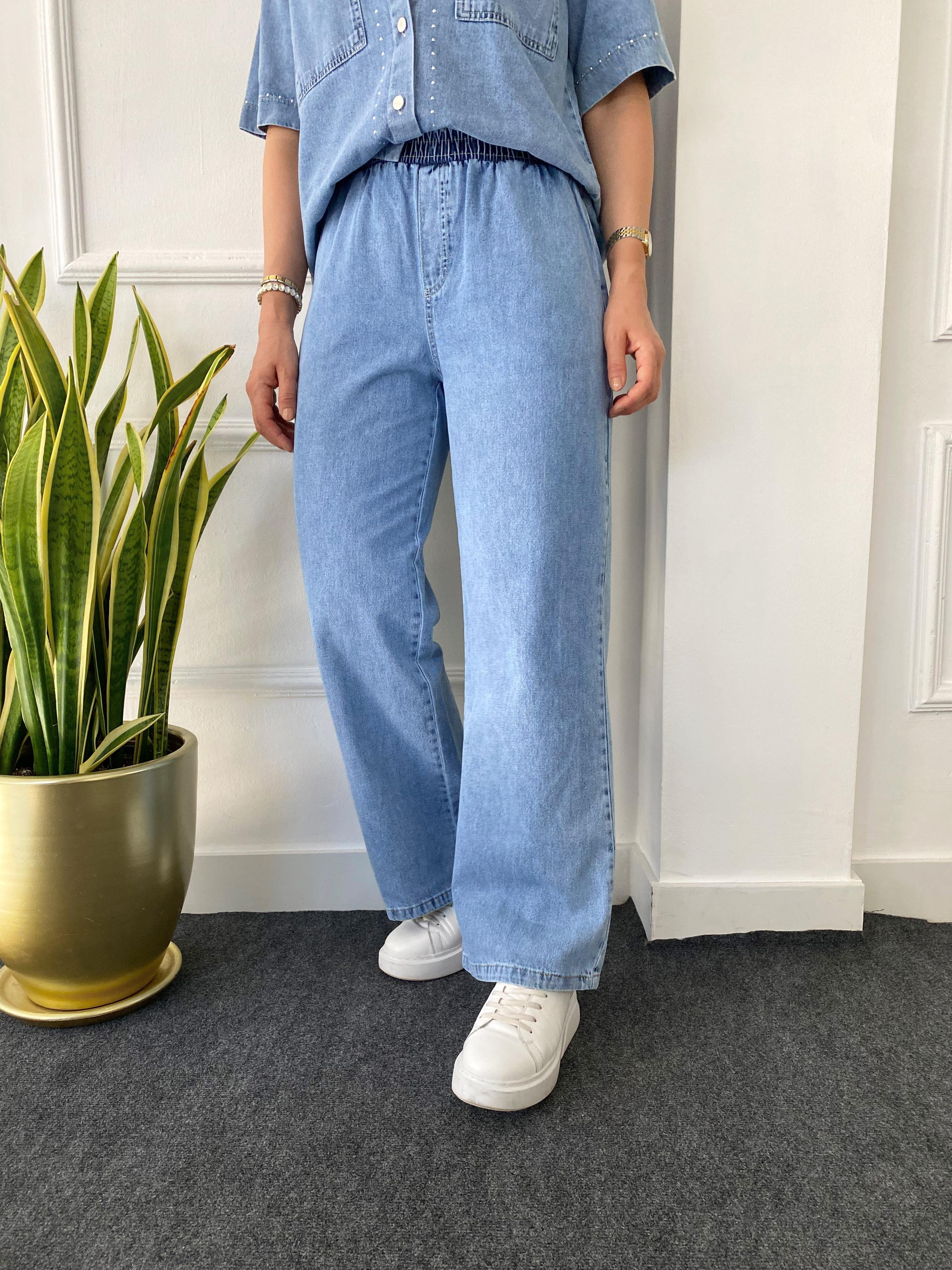 Zımba Detaylı İnce Denim Takım Açık Mavi