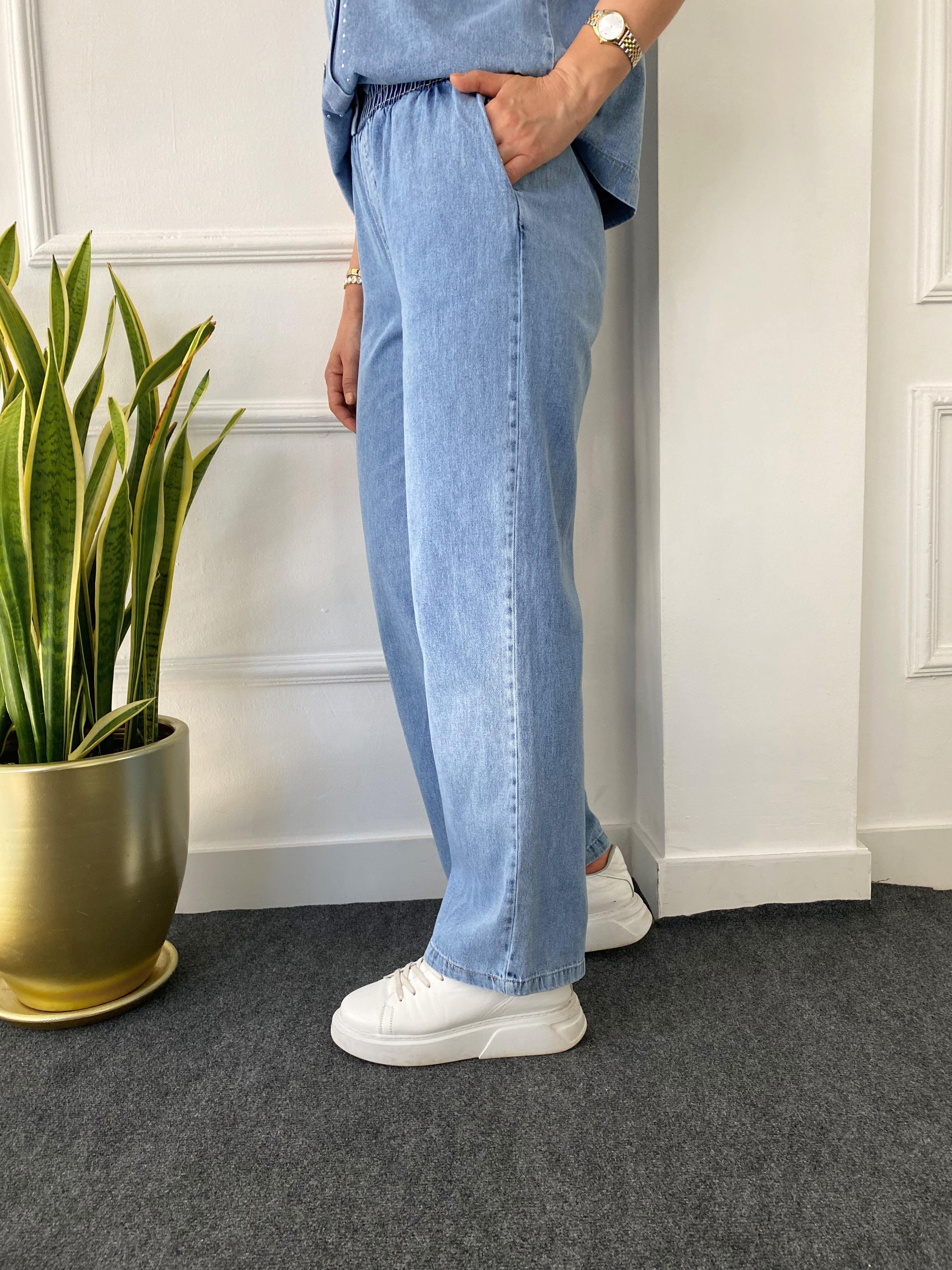 Zımba Detaylı İnce Denim Takım Açık Mavi