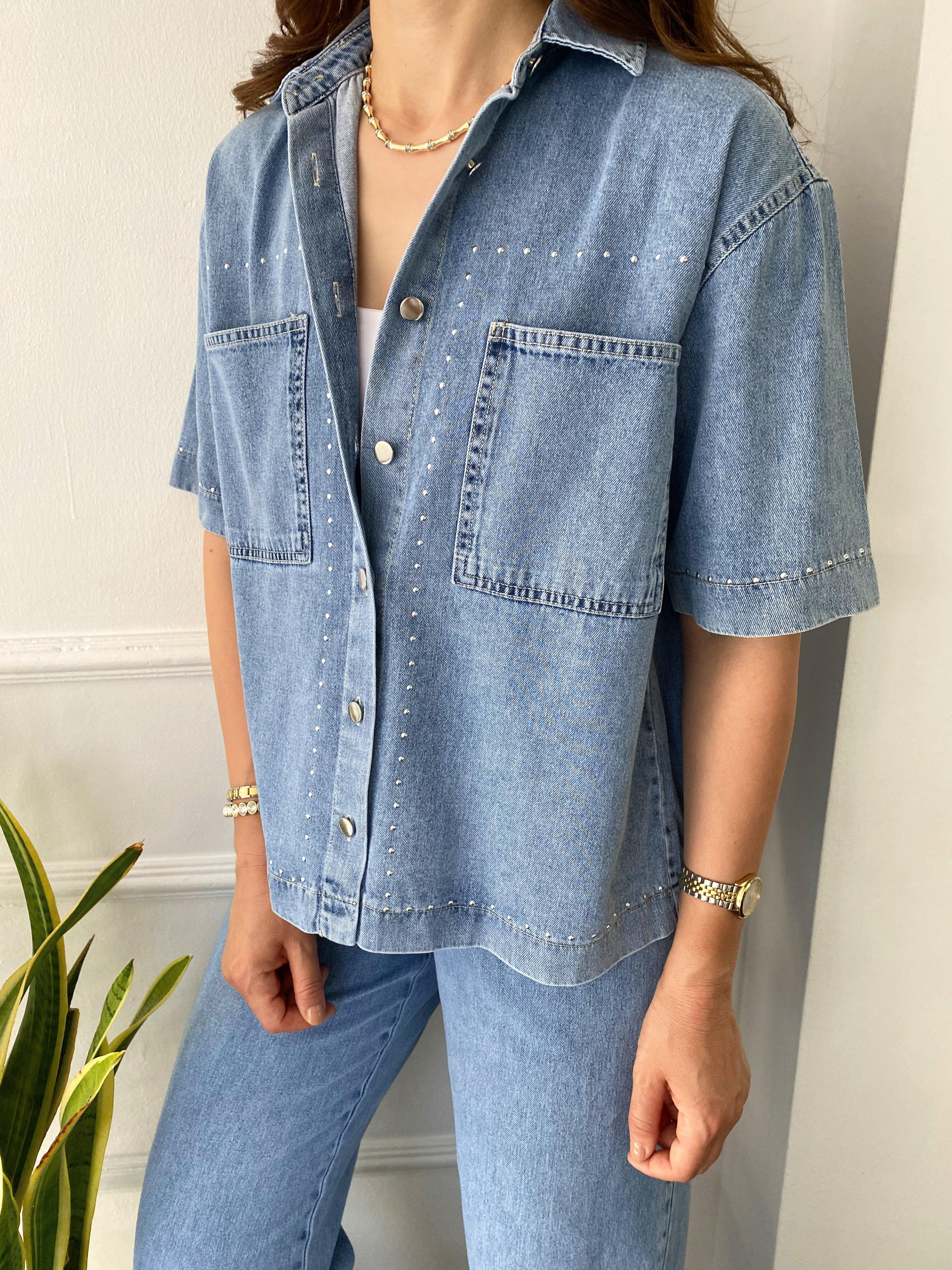 Zımba Detaylı İnce Denim Takım Açık Mavi