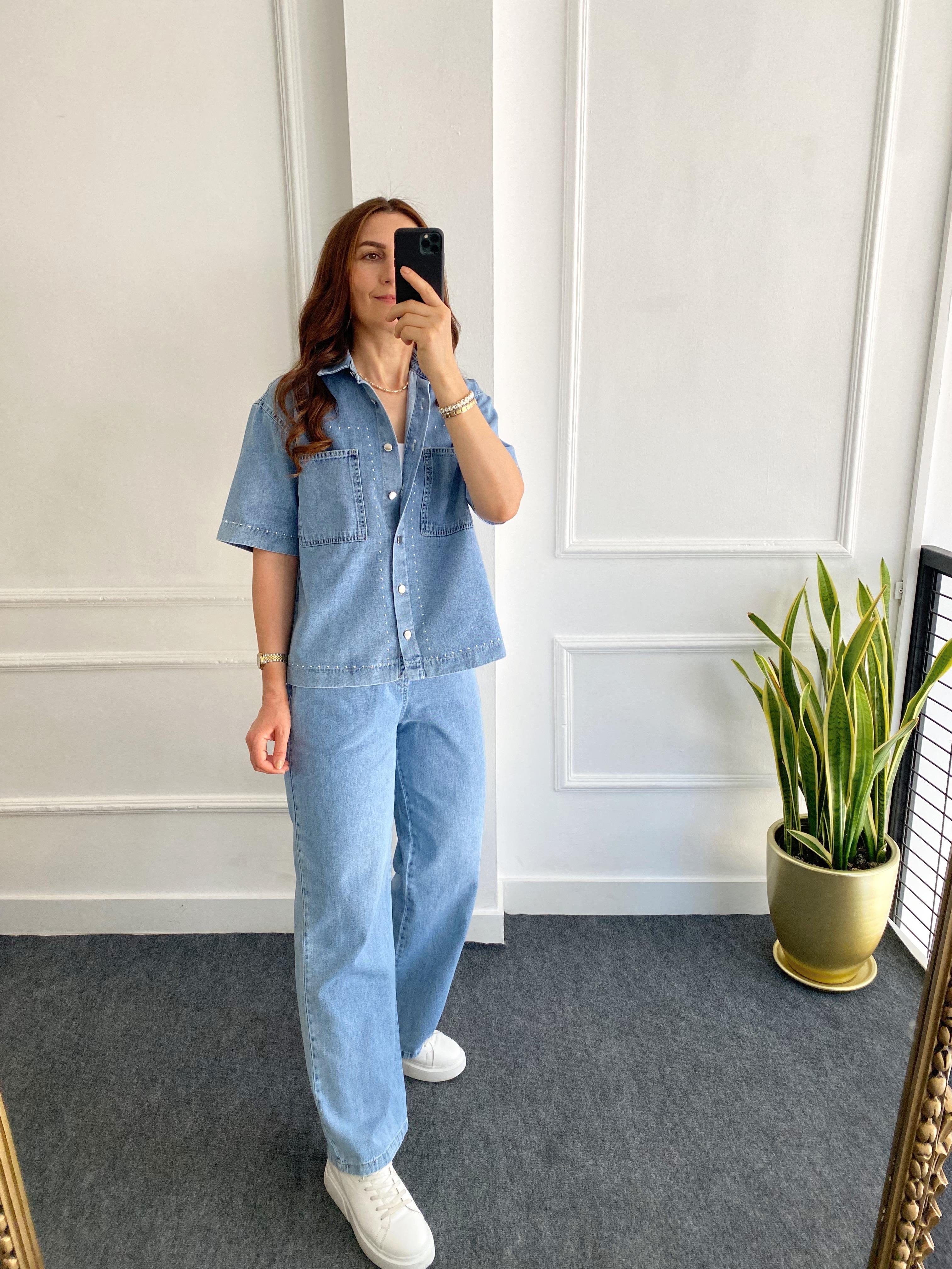 Zımba Detaylı İnce Denim Takım Açık Mavi