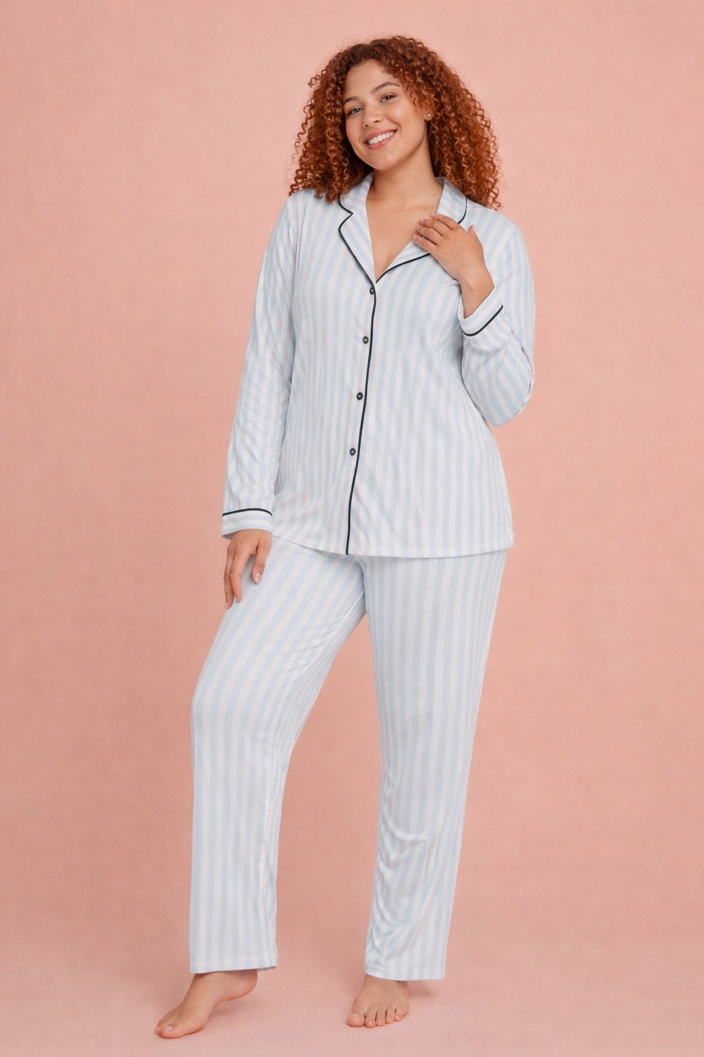 Alperi Büyük Beden Kadın Pijama Takımı Çizgili Boydan Düğmeli Rahat (3XL-6XL) B790-46Uzun Kol Pijama TakımıAL* PERİAlperi Büyük Beden Kadın Pijama Takımı Çizgili Boydan Düğmeli Rahat (3XL-6XL) B790-46