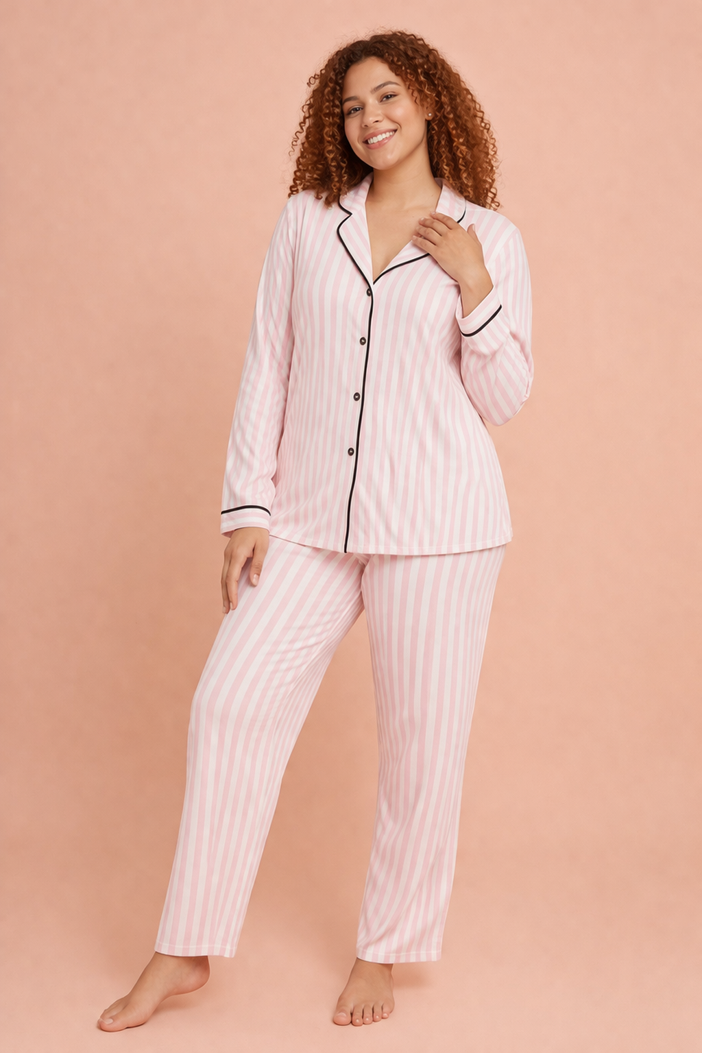 Alperi Büyük Beden Kadın Pijama Takımı Çizgili Boydan Düğmeli Rahat (3XL-6XL) B790-46Uzun Kol Pijama TakımıAL* PERİAlperi Büyük Beden Kadın Pijama Takımı Çizgili Boydan Düğmeli Rahat (3XL-6XL) B790-46