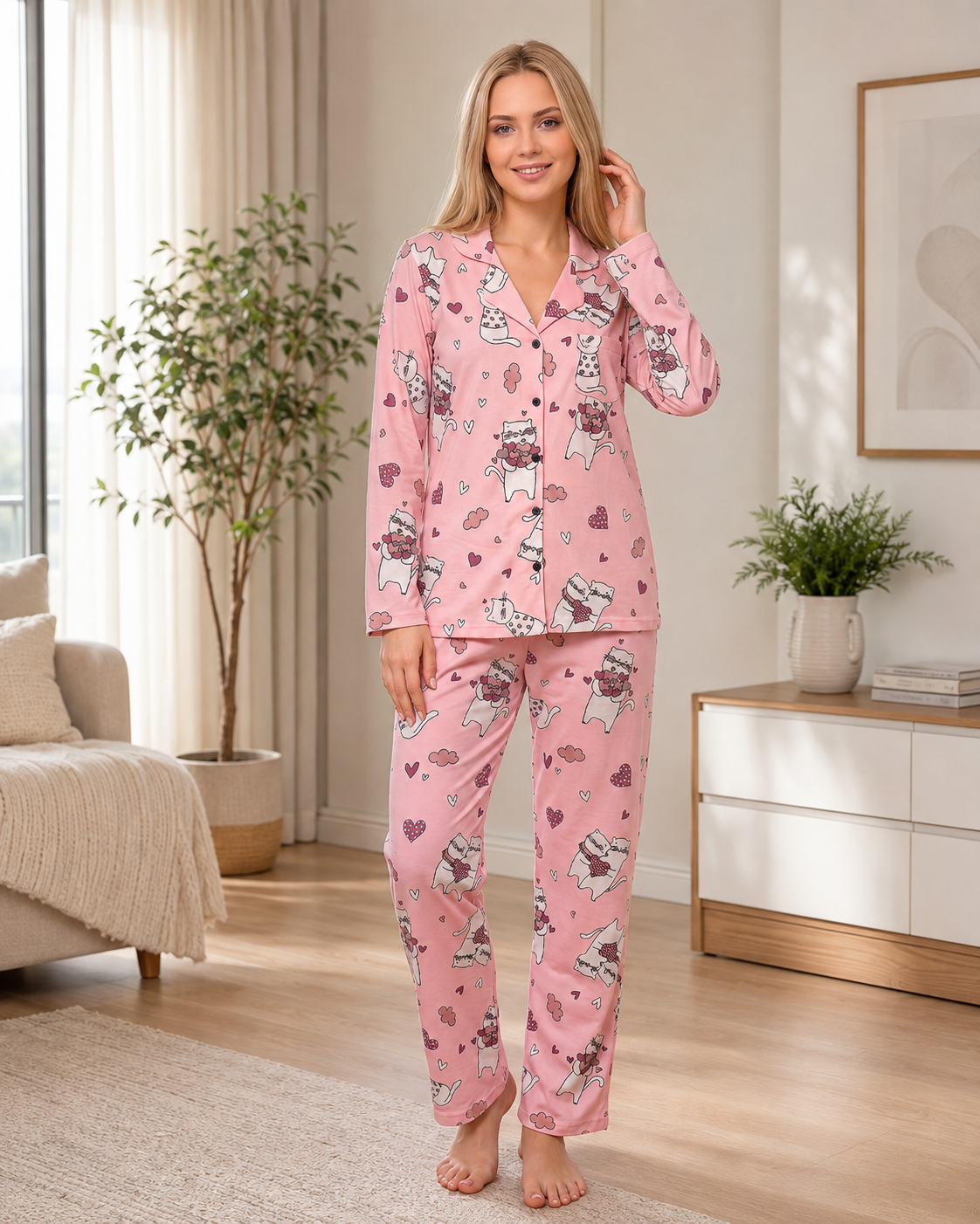 Kadın Viskon Pijama Takımı Mevsimlik Uzun Kollu Boydan Düğmeli Desenli Rahat Pijama M L XL XXL 79-13Uzun Kol PijamaAL* PERİKadın Viskon Pijama Takımı Mevsimlik Uzun Kollu Boydan Düğmeli Desenli Rahat Pijama M L XL XXL 79-13