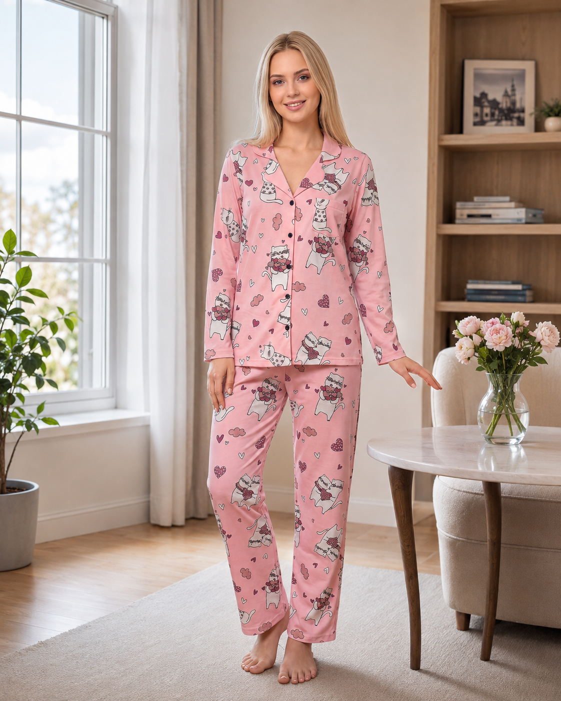 Kadın Viskon Pijama Takımı Mevsimlik Uzun Kollu Boydan Düğmeli Desenli Rahat Pijama M L XL XXL 79-13Uzun Kol PijamaAL* PERİKadın Viskon Pijama Takımı Mevsimlik Uzun Kollu Boydan Düğmeli Desenli Rahat Pijama M L XL XXL 79-13
