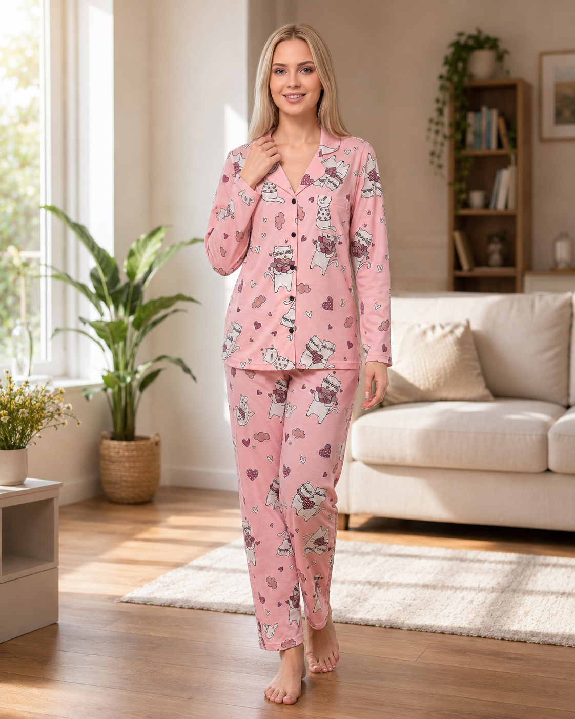 Kadın Viskon Pijama Takımı Mevsimlik Uzun Kollu Boydan Düğmeli Desenli Rahat Pijama M L XL XXL 79-13Uzun Kol PijamaAL* PERİKadın Viskon Pijama Takımı Mevsimlik Uzun Kollu Boydan Düğmeli Desenli Rahat Pijama M L XL XXL 79-13