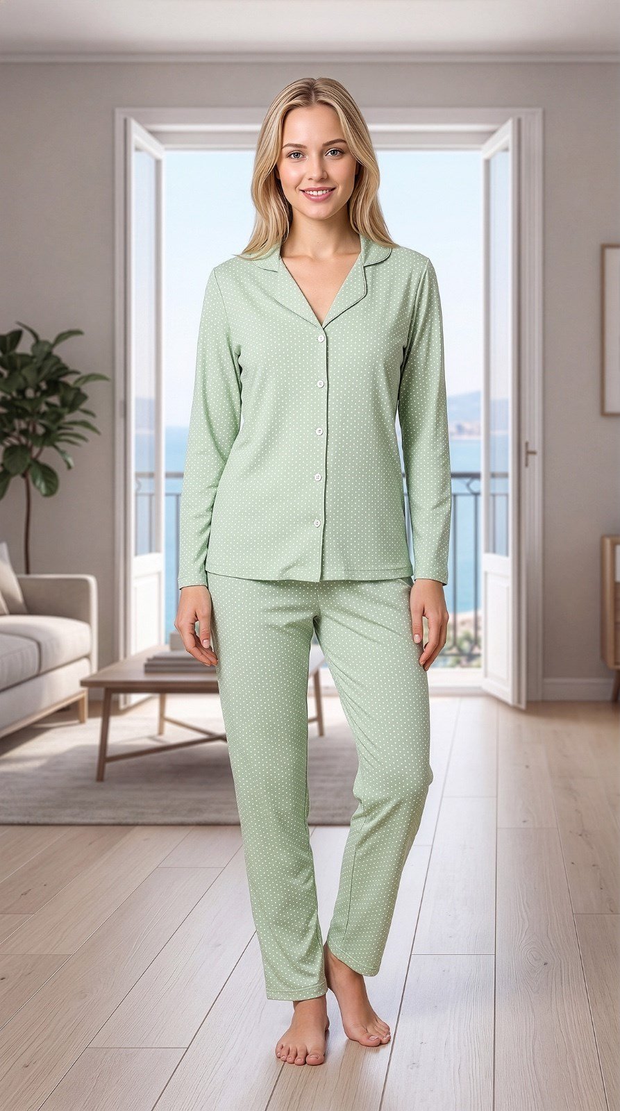 Kadın Yazlık Puan Desenli Viskon Uzun Kol Boydan Düğmeli Pijama Takımı 79-141Uzun Kol PijamaAL* PERİKadın Yazlık Puan Desenli Viskon Uzun Kol Boydan Düğmeli Pijama Takımı 79-141