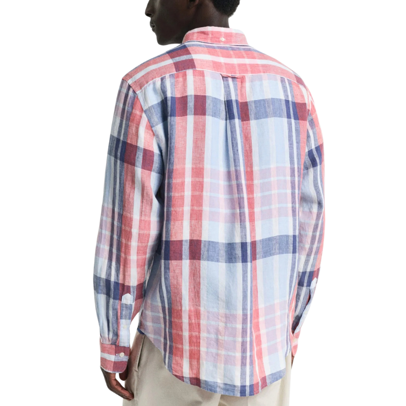 Gant Erkek Kırmızı Regular Fit Düğmeli Yaka Kareli Keten Gömlek