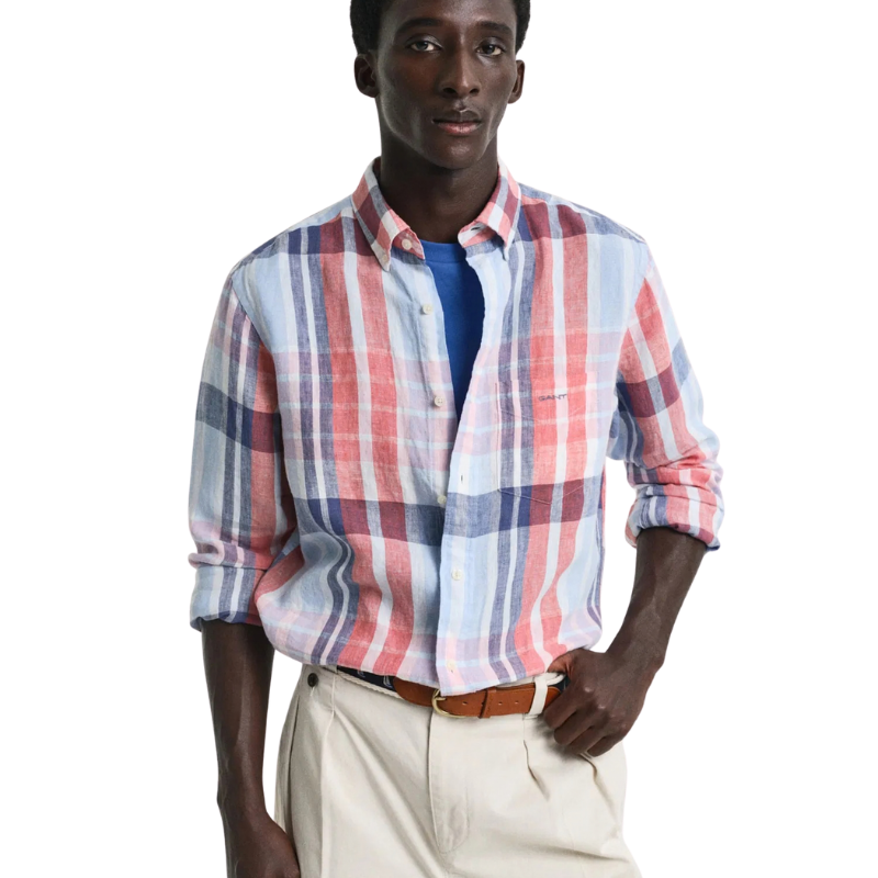 Gant Erkek Kırmızı Regular Fit Düğmeli Yaka Kareli Keten Gömlek