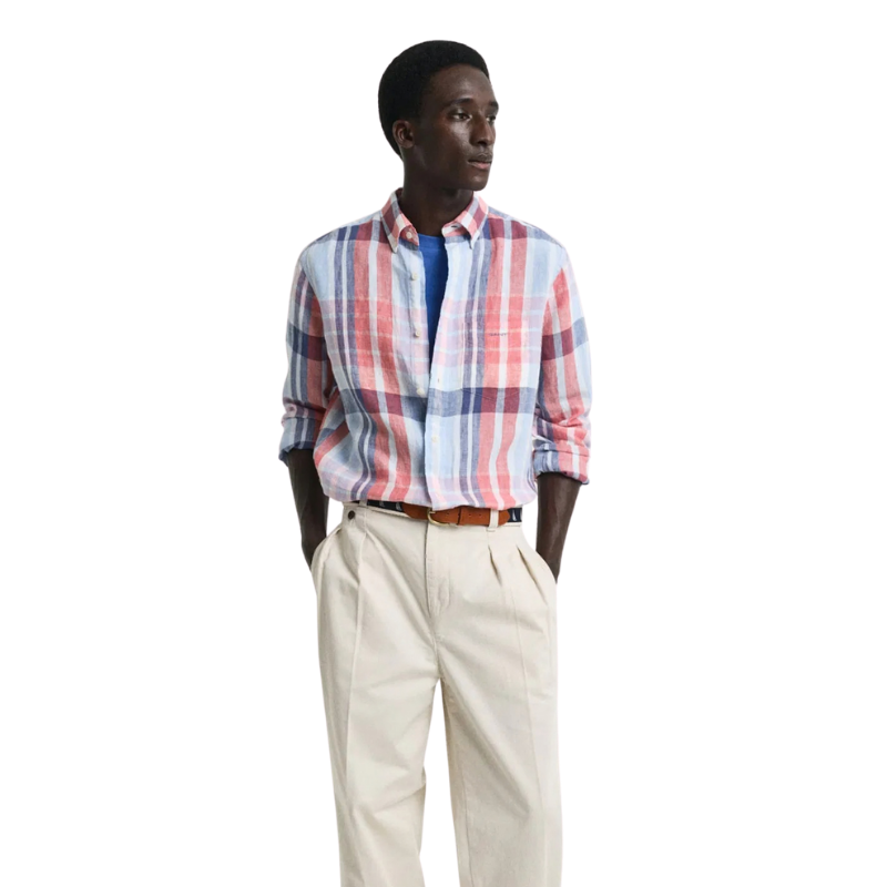 Gant Erkek Kırmızı Regular Fit Düğmeli Yaka Kareli Keten Gömlek