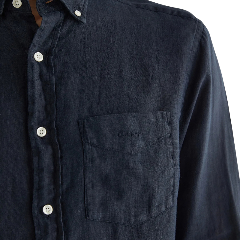 Gant  Erkek Siyah Regular Fit Düğmeli Yaka Keten Gömlek