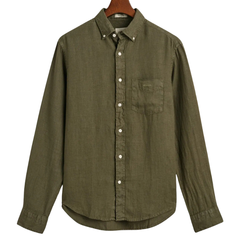 Gant Erkek Yeşil Regular Fit Düğmeli Yaka Keten Gömlek