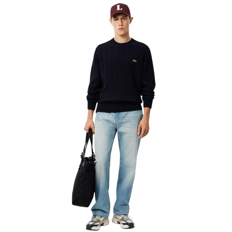 Lacoste Erkek Classic Fit Bisiklet Yaka Desenli Lacivert Kazak