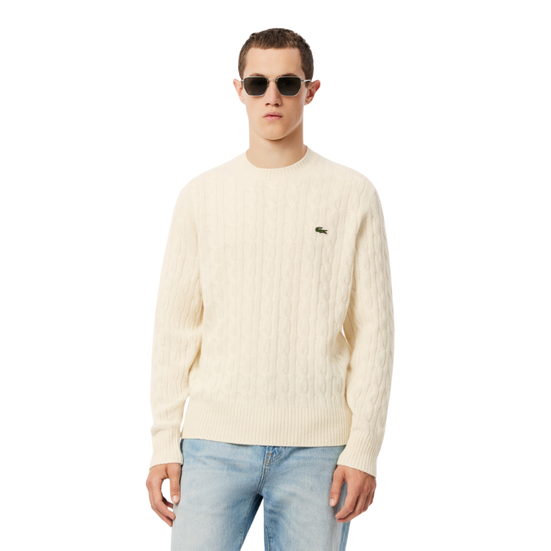 Lacoste Erkek Classic Fit Bisiklet Yaka Desenli Krem Kazak